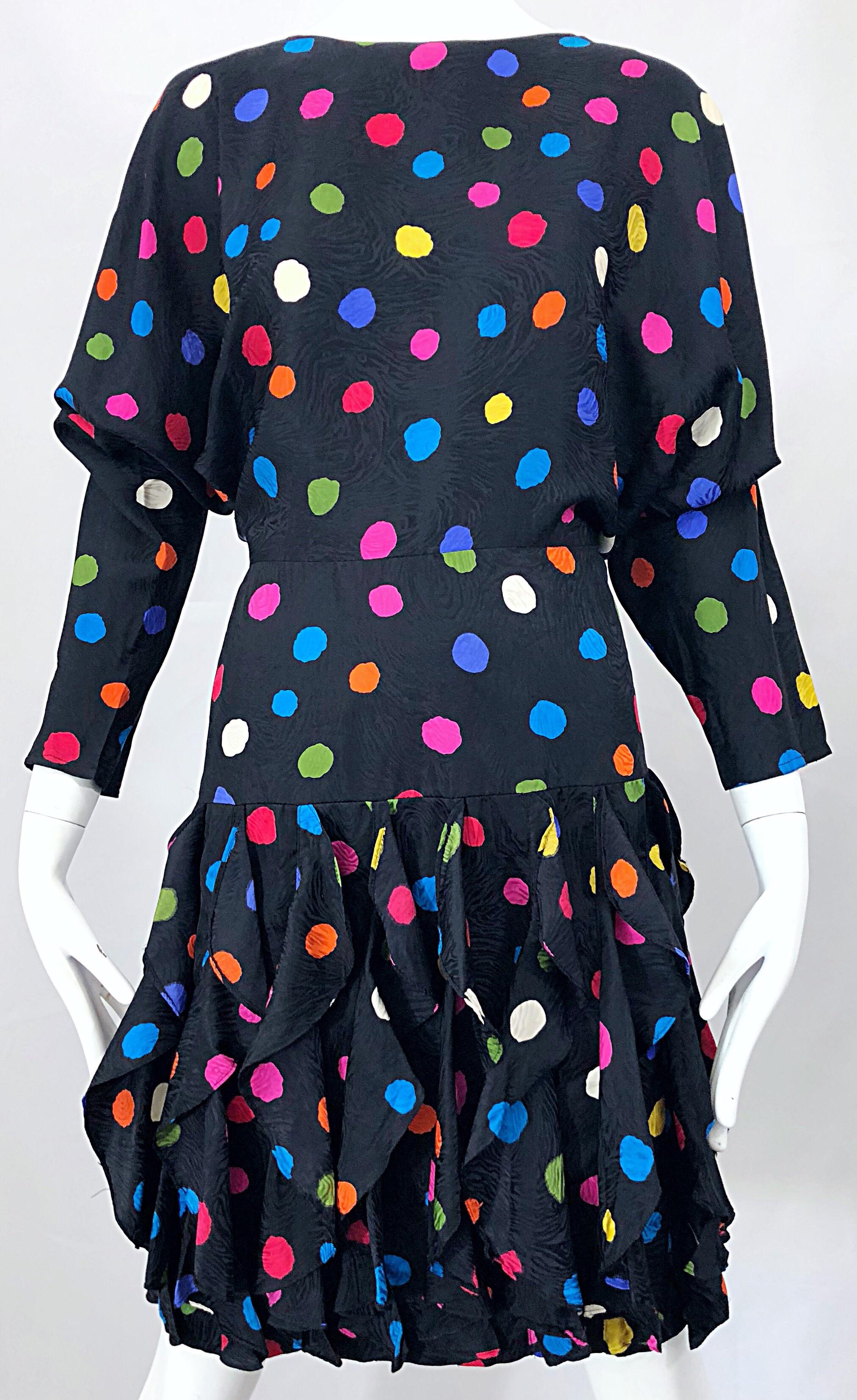 Amazing 1980s Avant Garde Black Colorful Silk Polka Dot Flutter Skirt 80s Dress 5