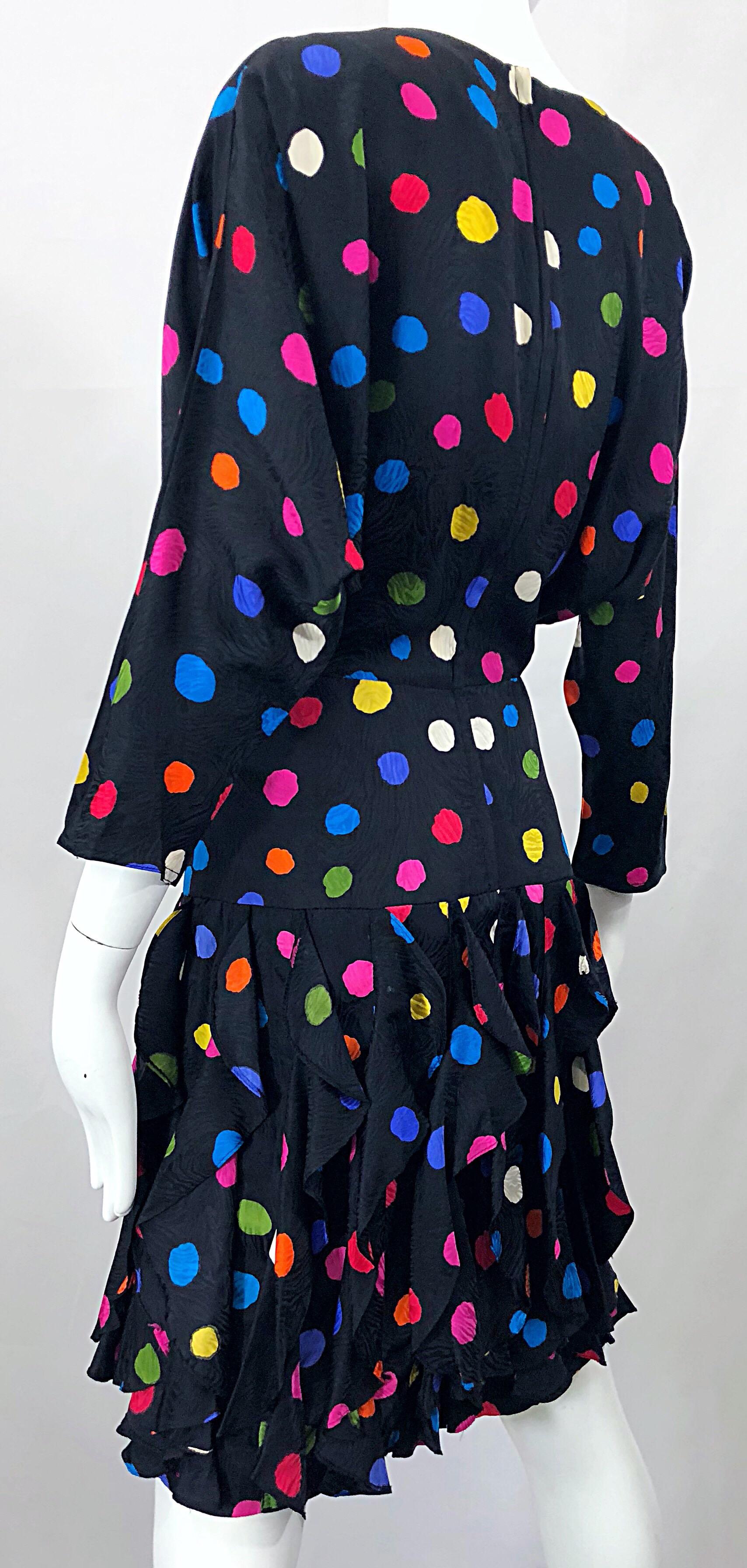 Amazing 1980s Avant Garde Black Colorful Silk Polka Dot Flutter Skirt 80s Dress 6