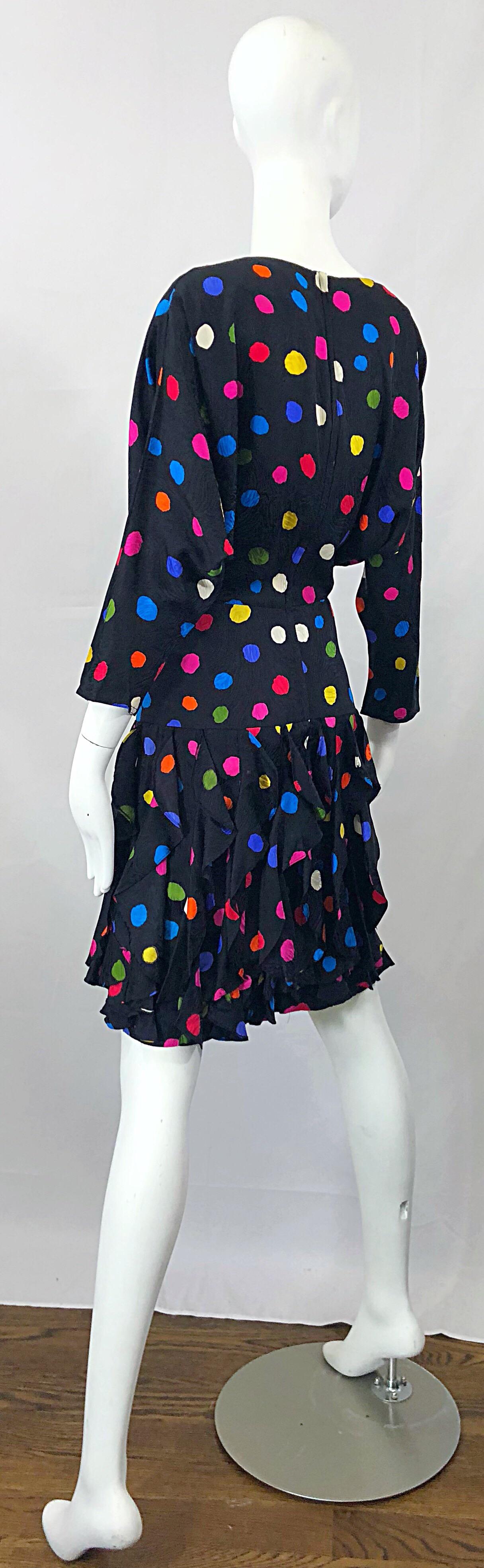Amazing 1980s Avant Garde Black Colorful Silk Polka Dot Flutter Skirt 80s Dress 8