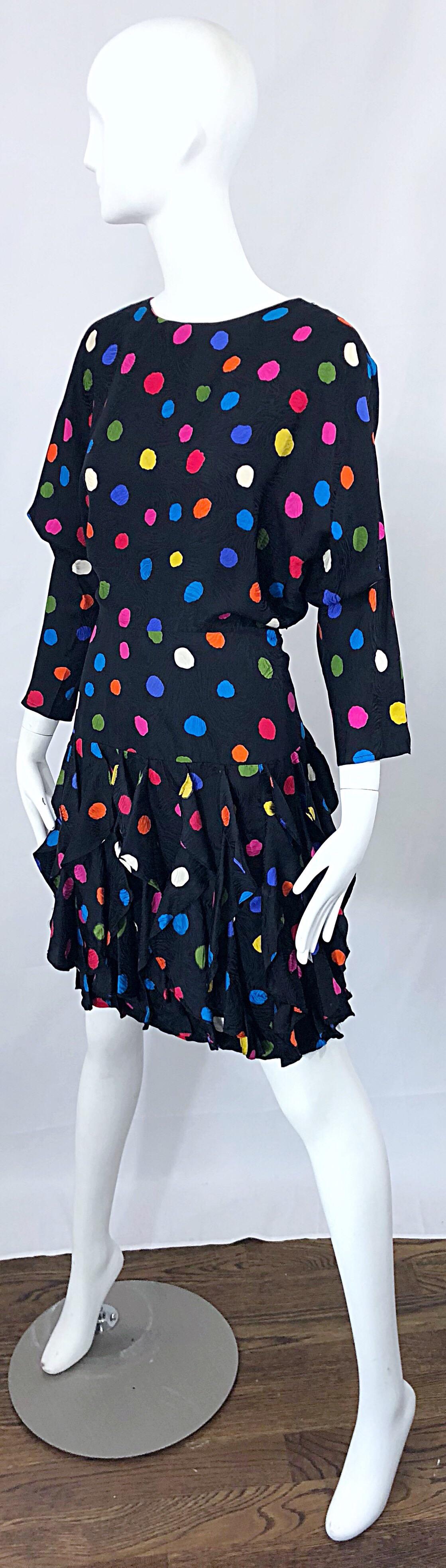 Amazing 1980s Avant Garde Black Colorful Silk Polka Dot Flutter Skirt 80s Dress 7