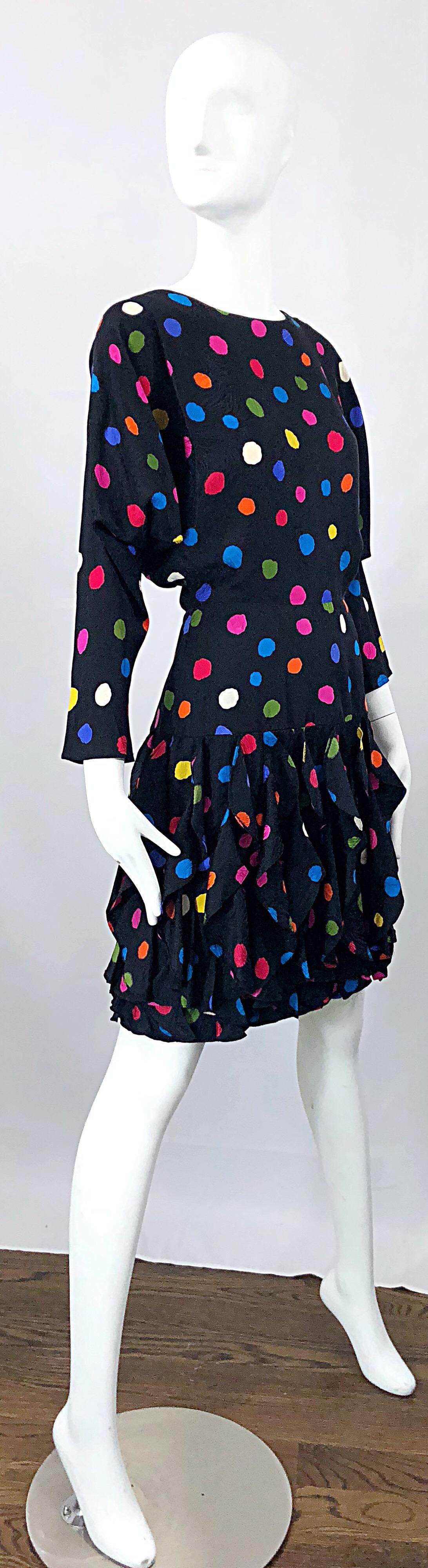 Amazing 1980s Avant Garde Black Colorful Silk Polka Dot Flutter Skirt 80s Dress 9