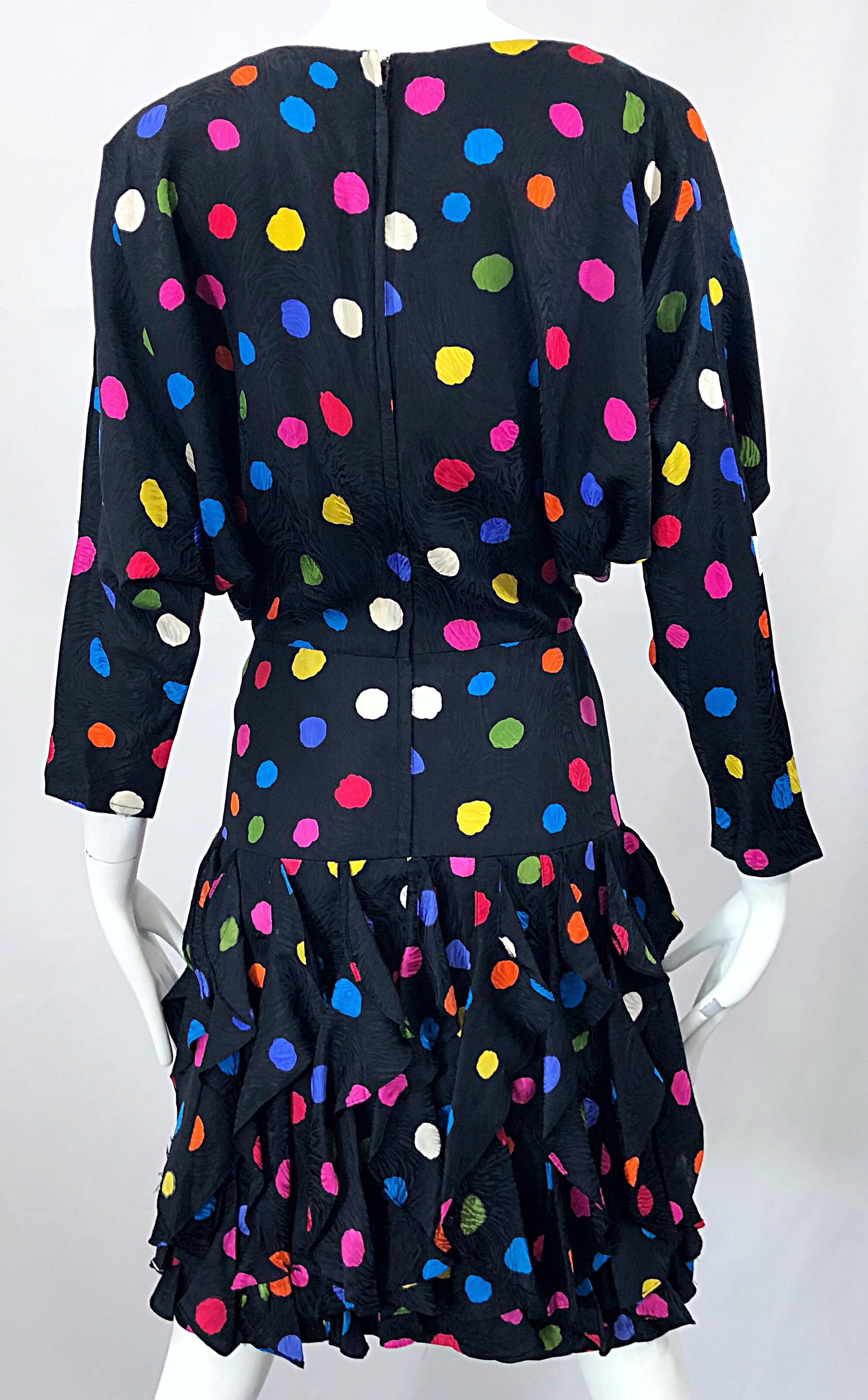 Amazing 1980s Avant Garde Black Colorful Silk Polka Dot Flutter Skirt 80s Dress 10