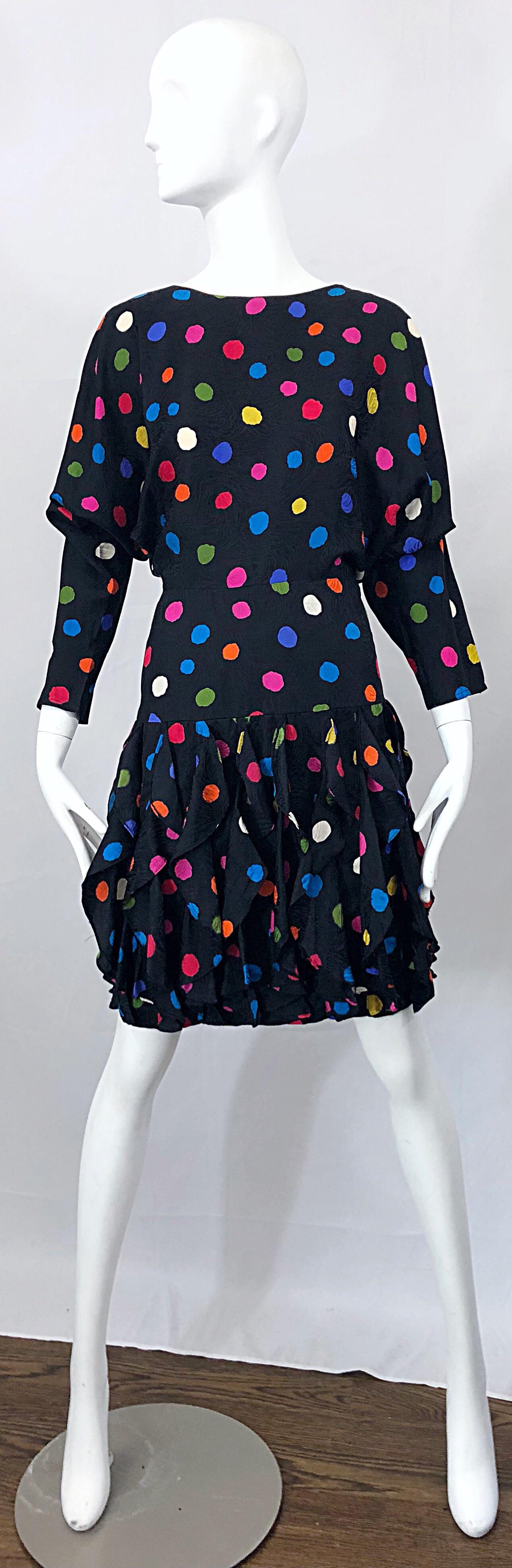 Amazing 1980s Avant Garde Black Colorful Silk Polka Dot Flutter Skirt 80s Dress 11