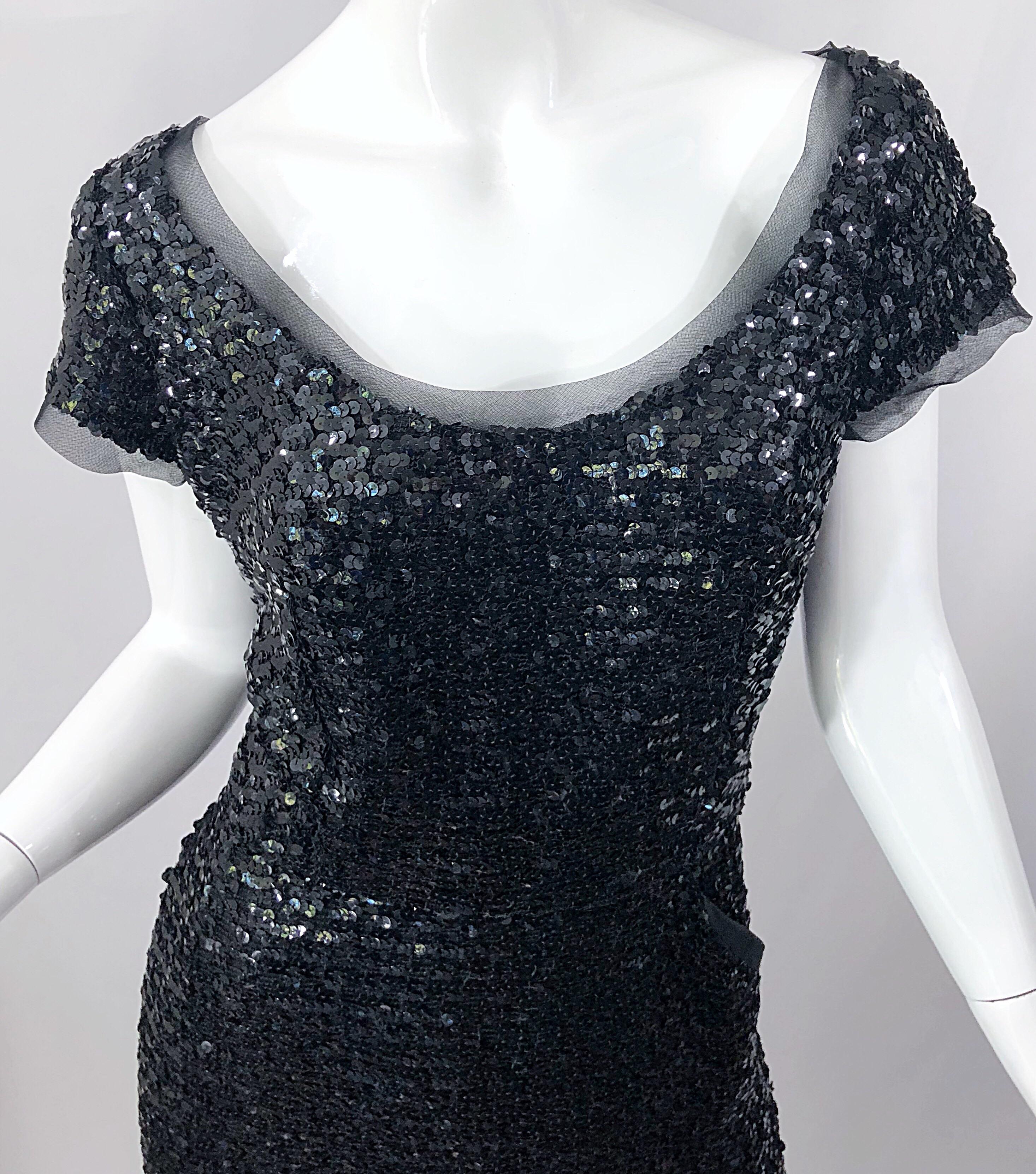 Stunning 1950s Bullock's Wilshire Large Size Black Silk Sequined 50s Midi Dress In Excellent Condition For Sale In San Diego, CA