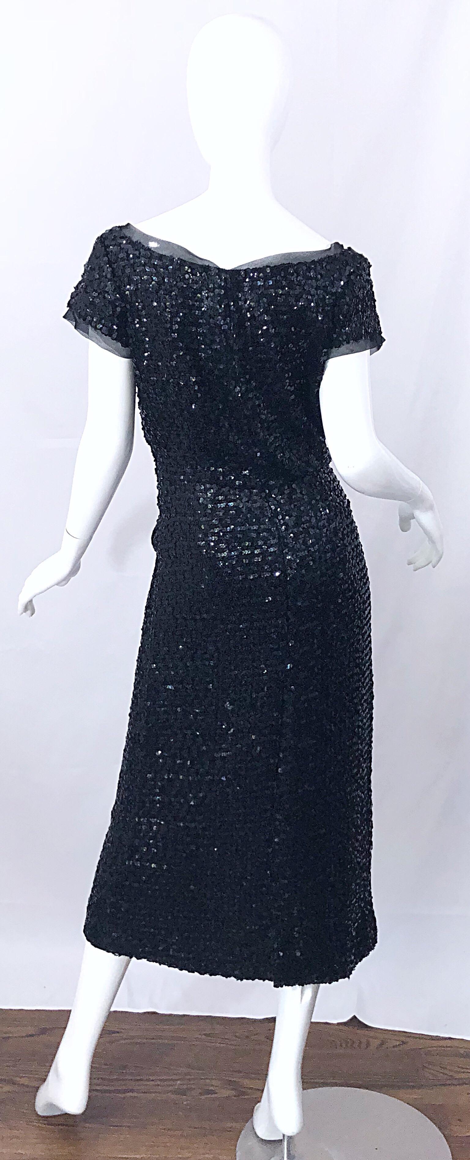 Women's Stunning 1950s Bullock's Wilshire Large Size Black Silk Sequined 50s Midi Dress For Sale