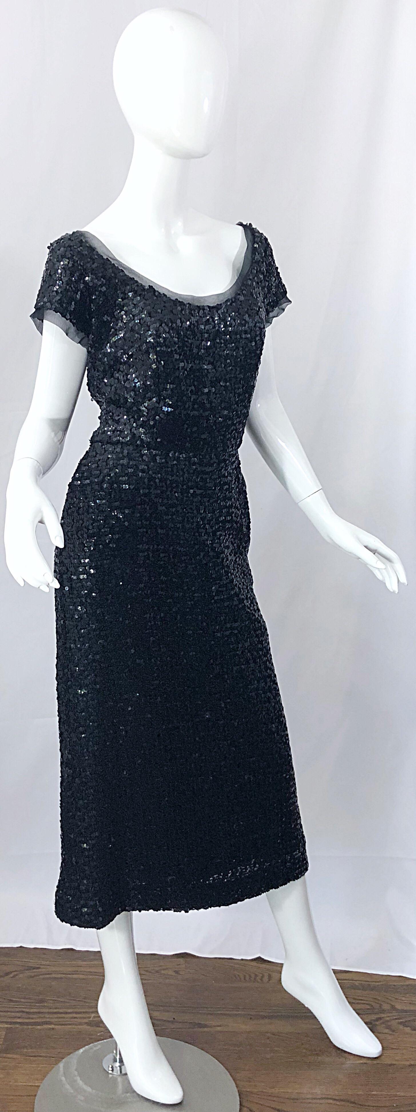 Stunning 1950s Bullock's Wilshire Large Size Black Silk Sequined 50s Midi Dress For Sale 7