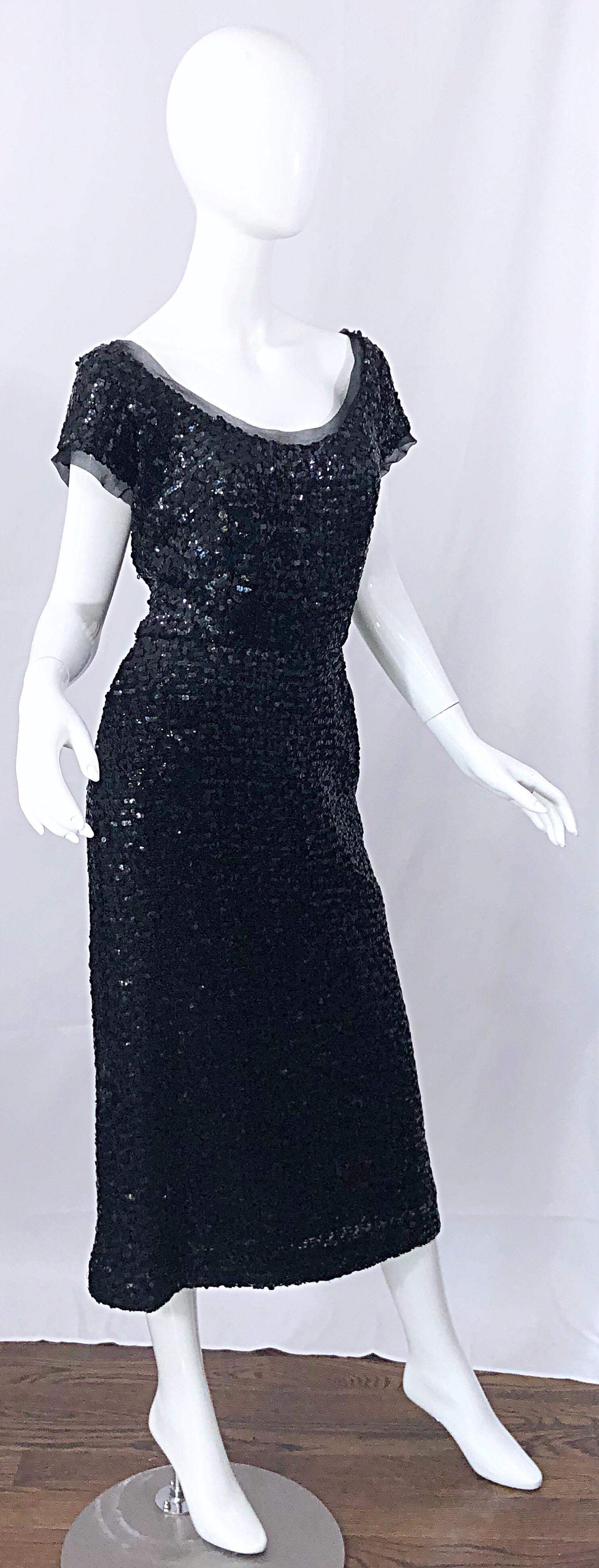 Stunning 1950s Bullock's Wilshire Large Size Black Silk Sequined 50s Midi Dress For Sale 9