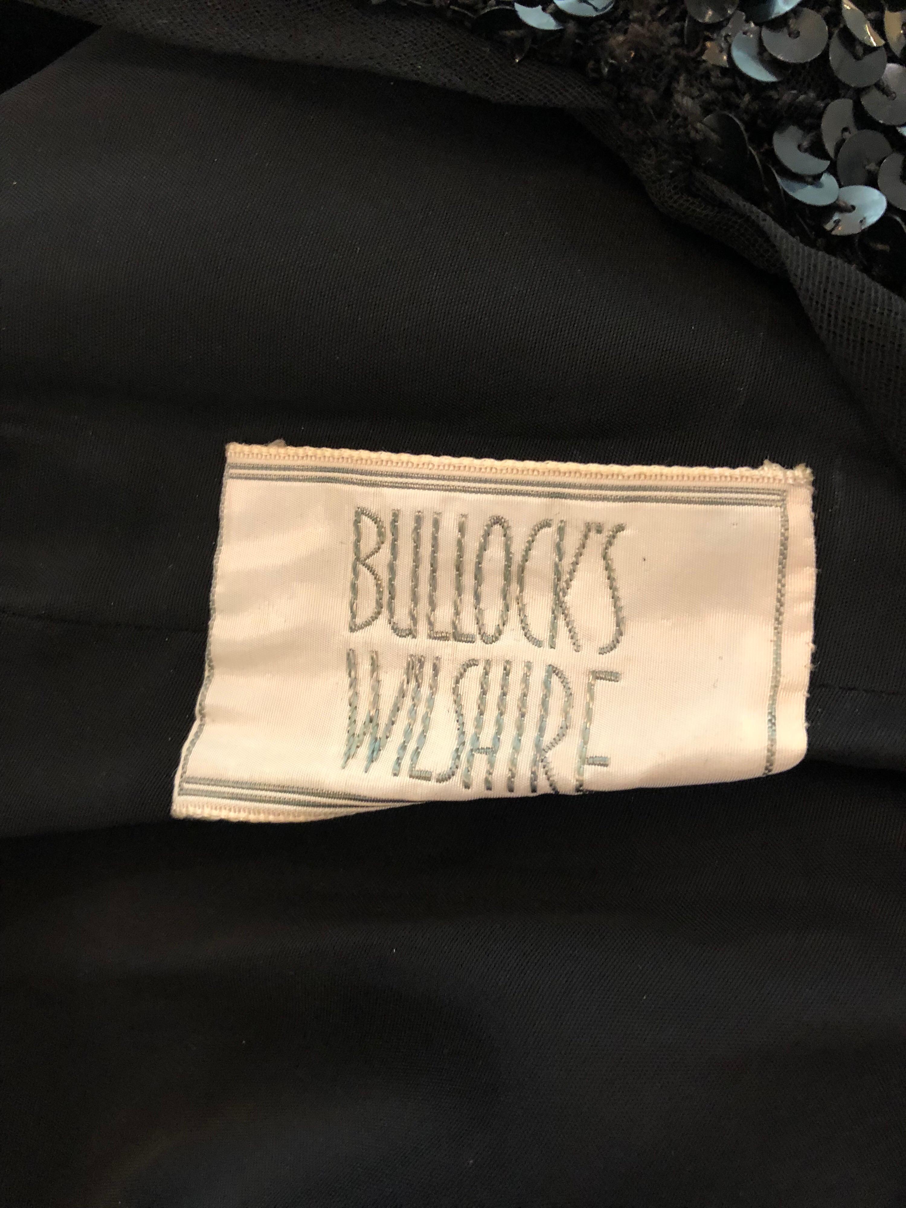 Stunning 1950s Bullock's Wilshire Large Size Black Silk Sequined 50s Midi Dress For Sale 11