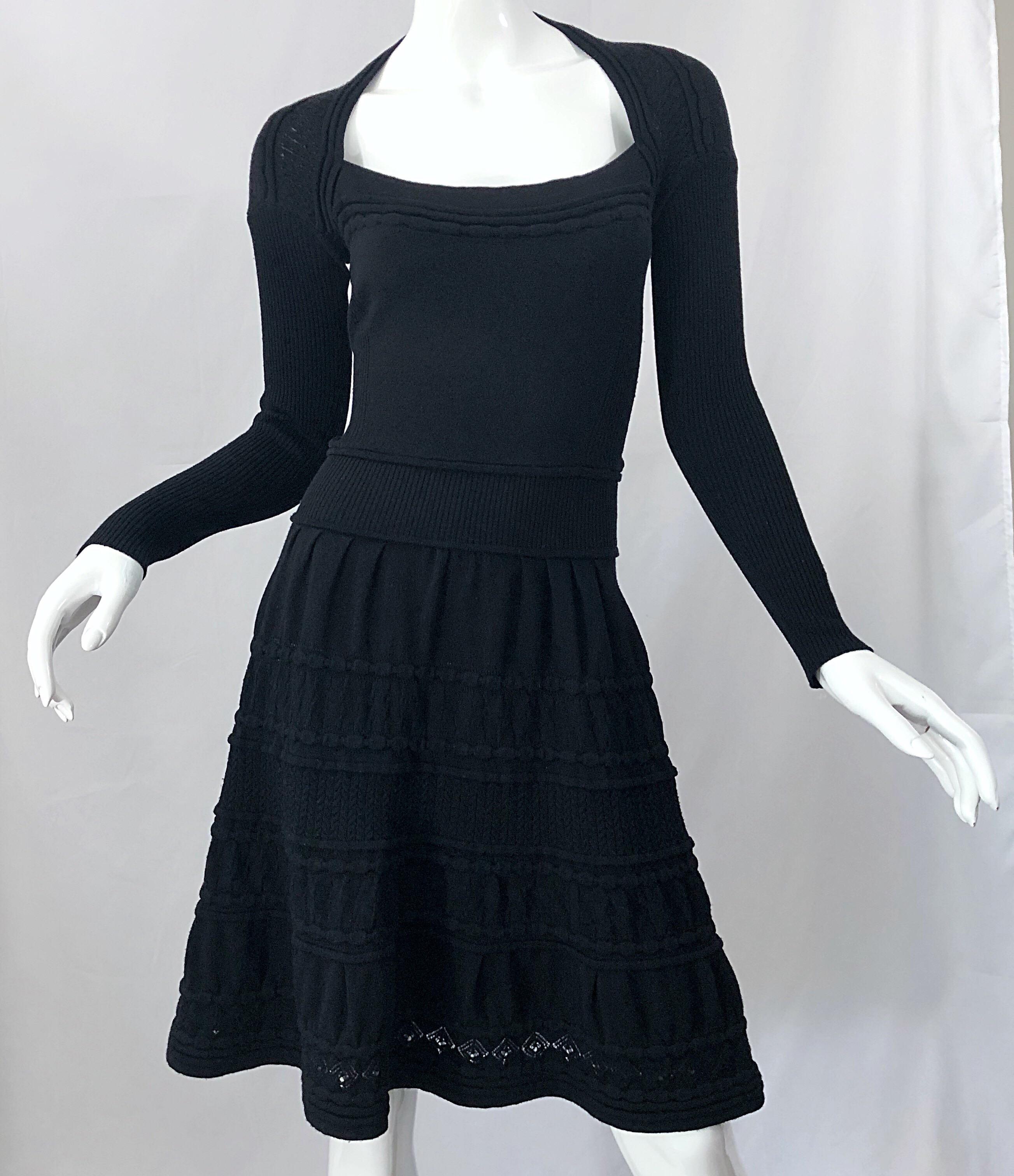New w/ Tags D. Exterior Italian Made Black Lightweight Wool Knit Skater Dress For Sale 2