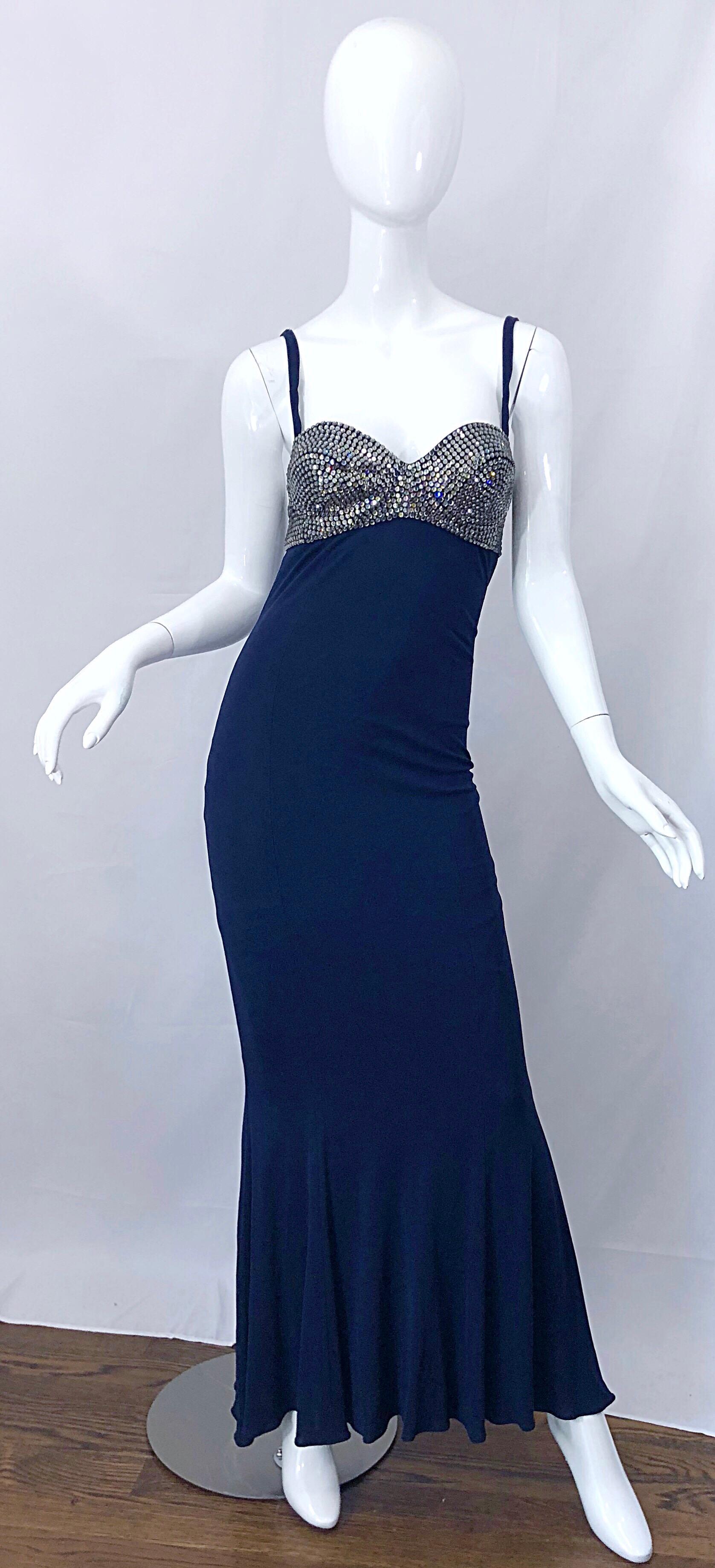 Absolutely stunning 90s PAMELA DENNIS for BERGDORF GOODMAN navy blue rhinestone bra evening dress! This gown features so much detail, where the lines literally hug and flatter the body. Silver sequined rhinestones were hand-sewn onto the bra of the