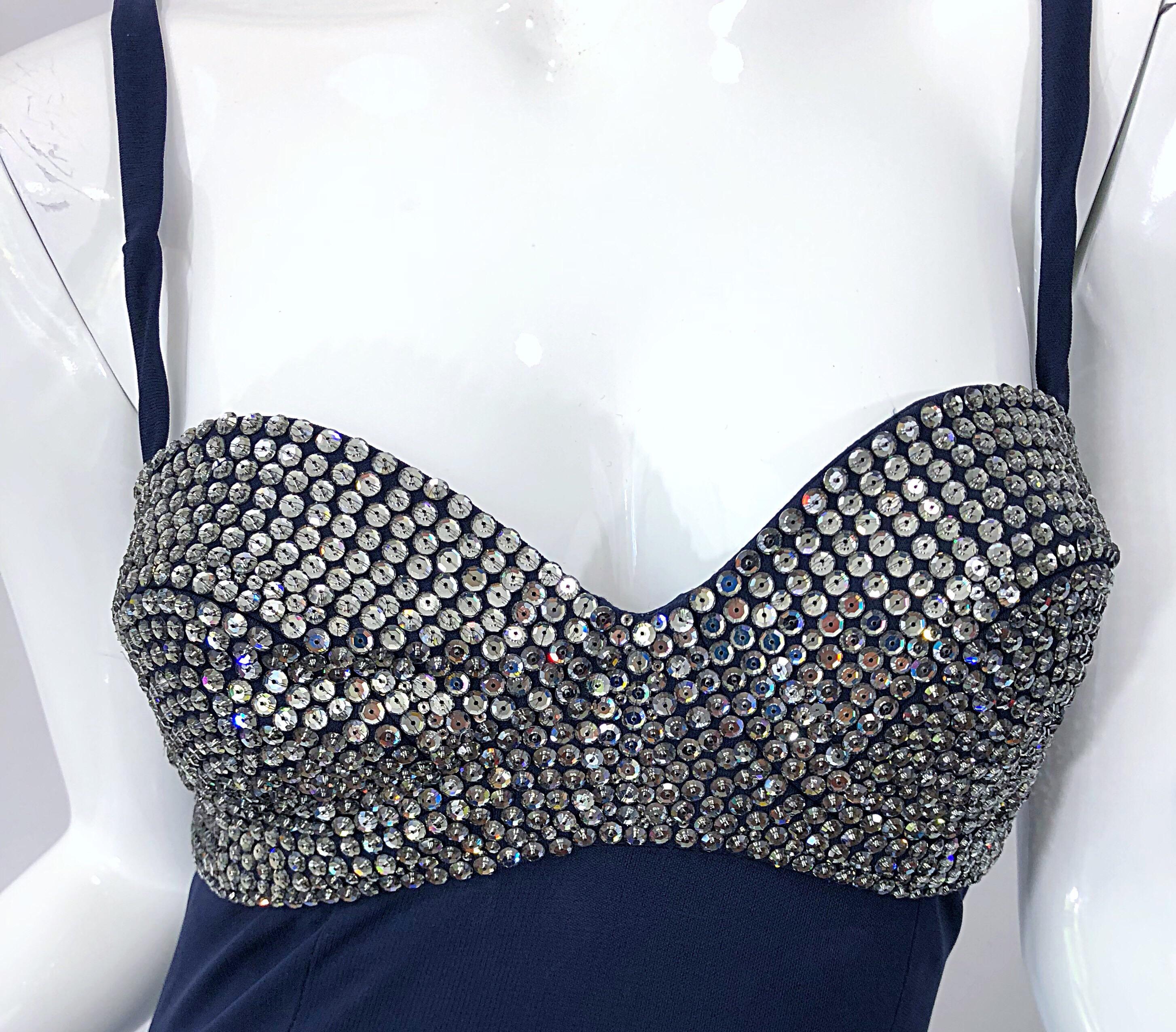1990er Jahre Pamela Dennis Größe 4 Marineblau Silber Strass Vintage 90er Jahre BH-Kleid (Schwarz) im Angebot
