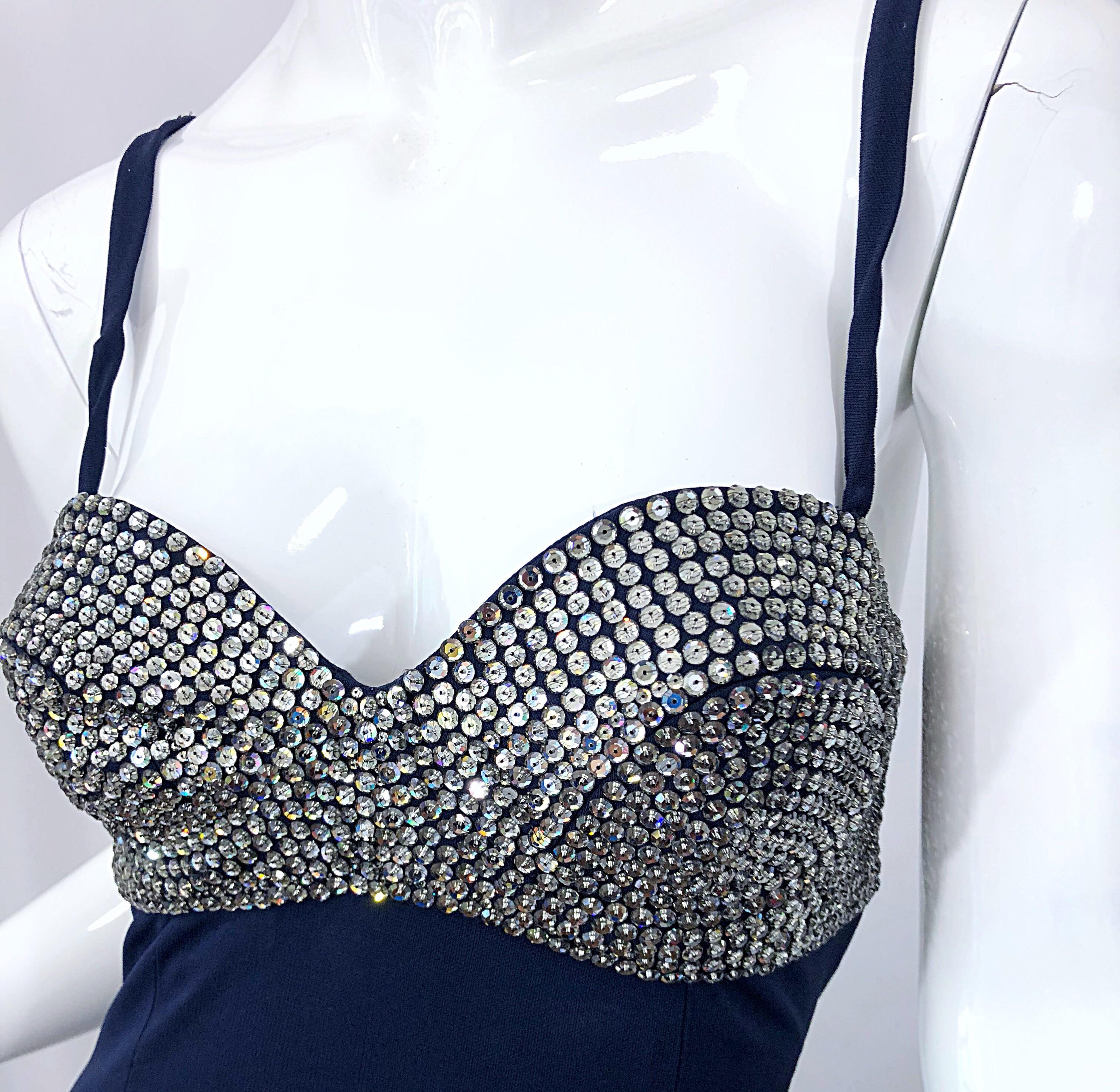 Black 1990s Pamela Dennis Size 4 Navy Blue Silver Rhinestone Vintage 90s Bra Gown For Sale