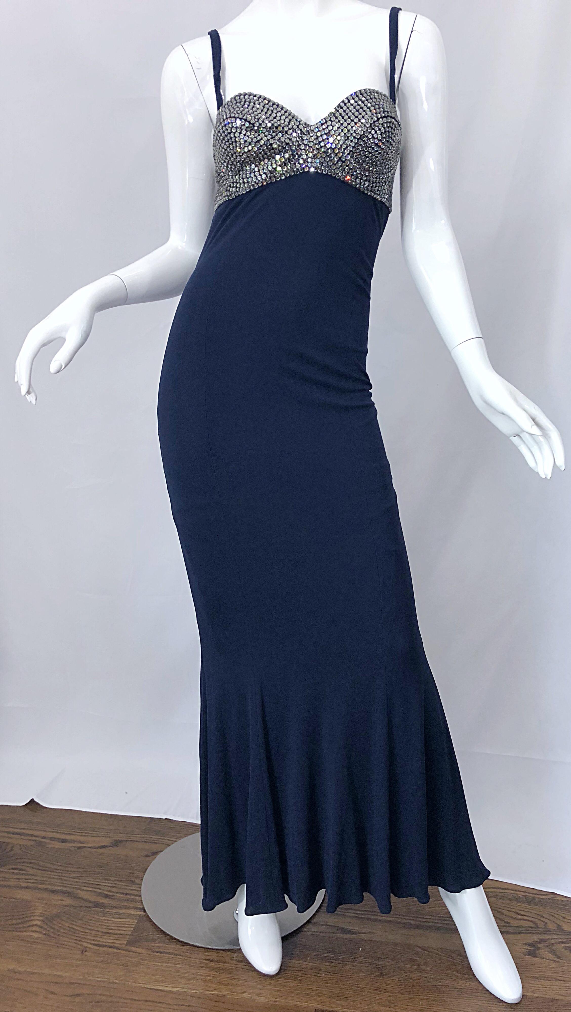 1990s Pamela Dennis Size 4 Navy Blue Silver Rhinestone Vintage 90s Bra Gown In Excellent Condition For Sale In San Diego, CA