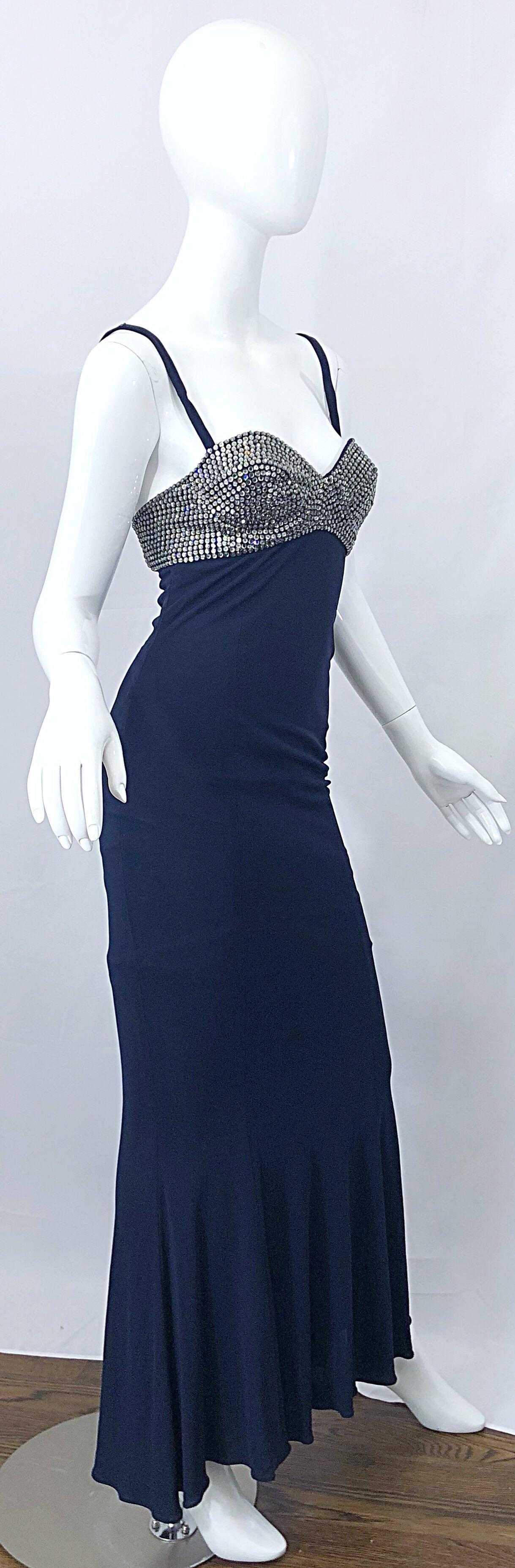 1990s Pamela Dennis Size 4 Navy Blue Silver Rhinestone Vintage 90s Bra Gown For Sale 1