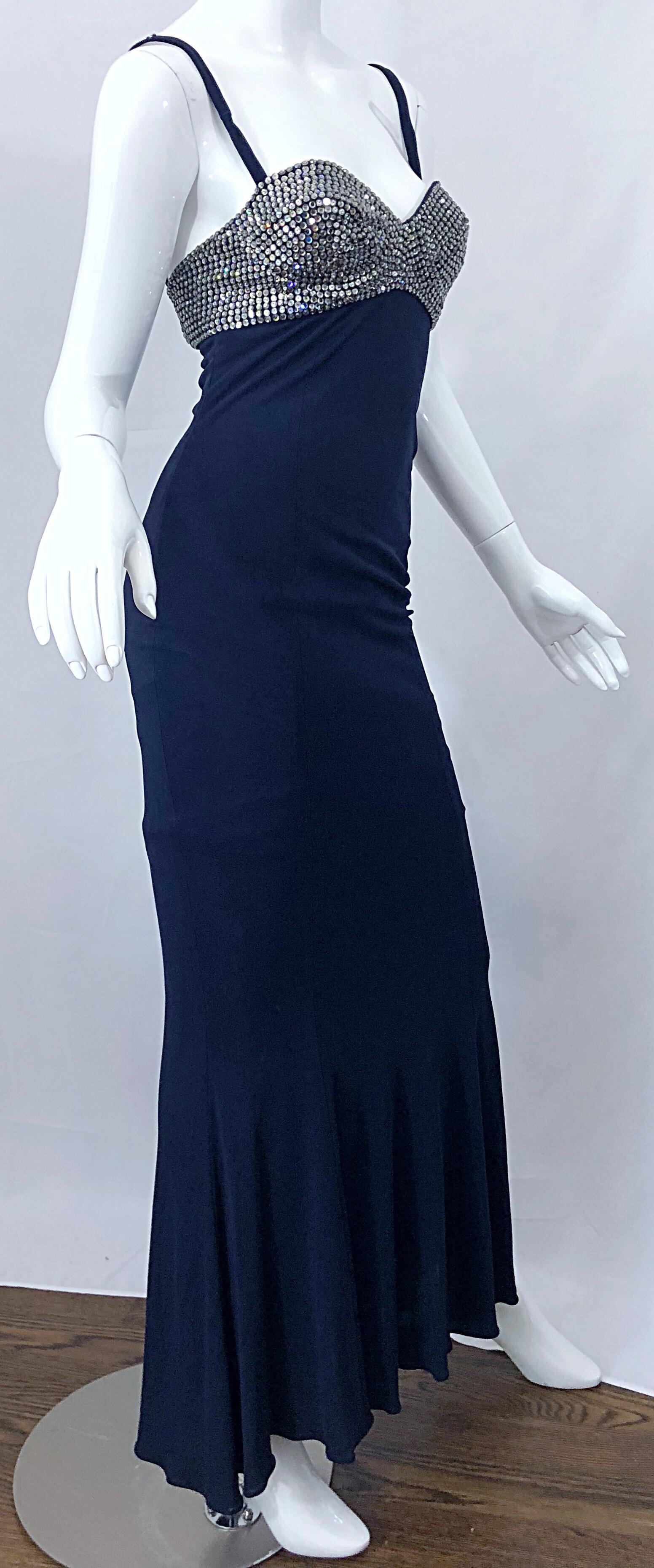 1990s Pamela Dennis Size 4 Navy Blue Silver Rhinestone Vintage 90s Bra Gown For Sale 4