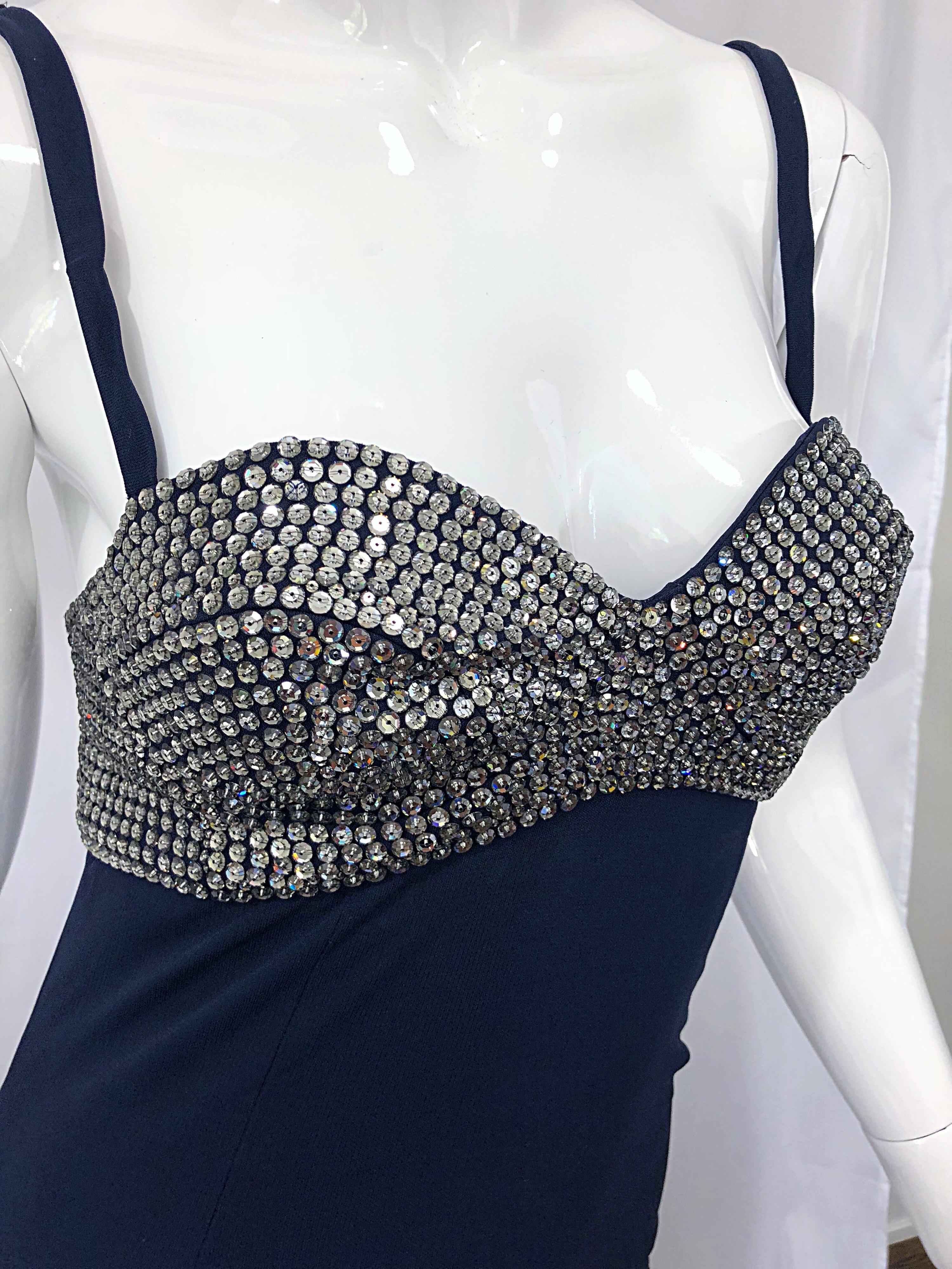 1990s Pamela Dennis Size 4 Navy Blue Silver Rhinestone Vintage 90s Bra Gown For Sale 5