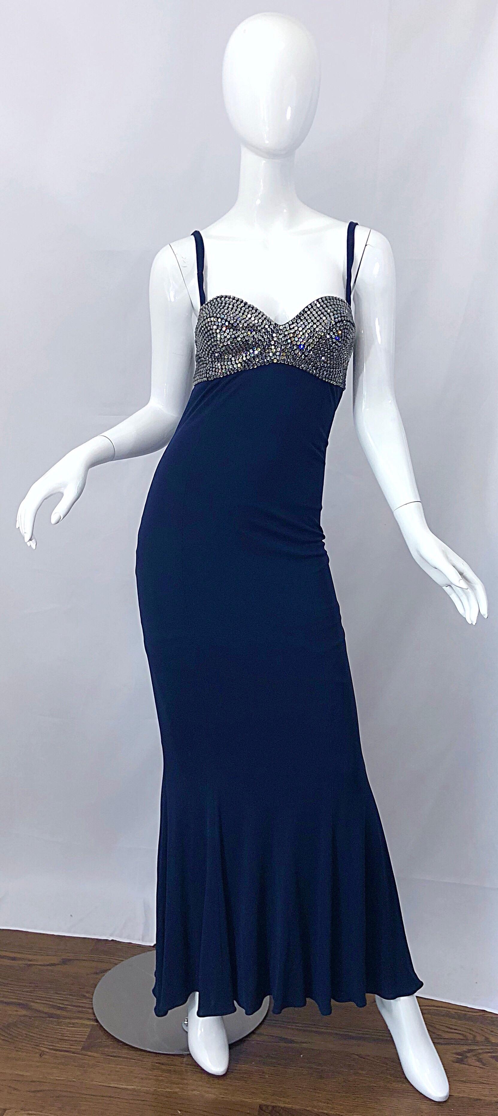 1990s Pamela Dennis Size 4 Navy Blue Silver Rhinestone Vintage 90s Bra Gown For Sale 6