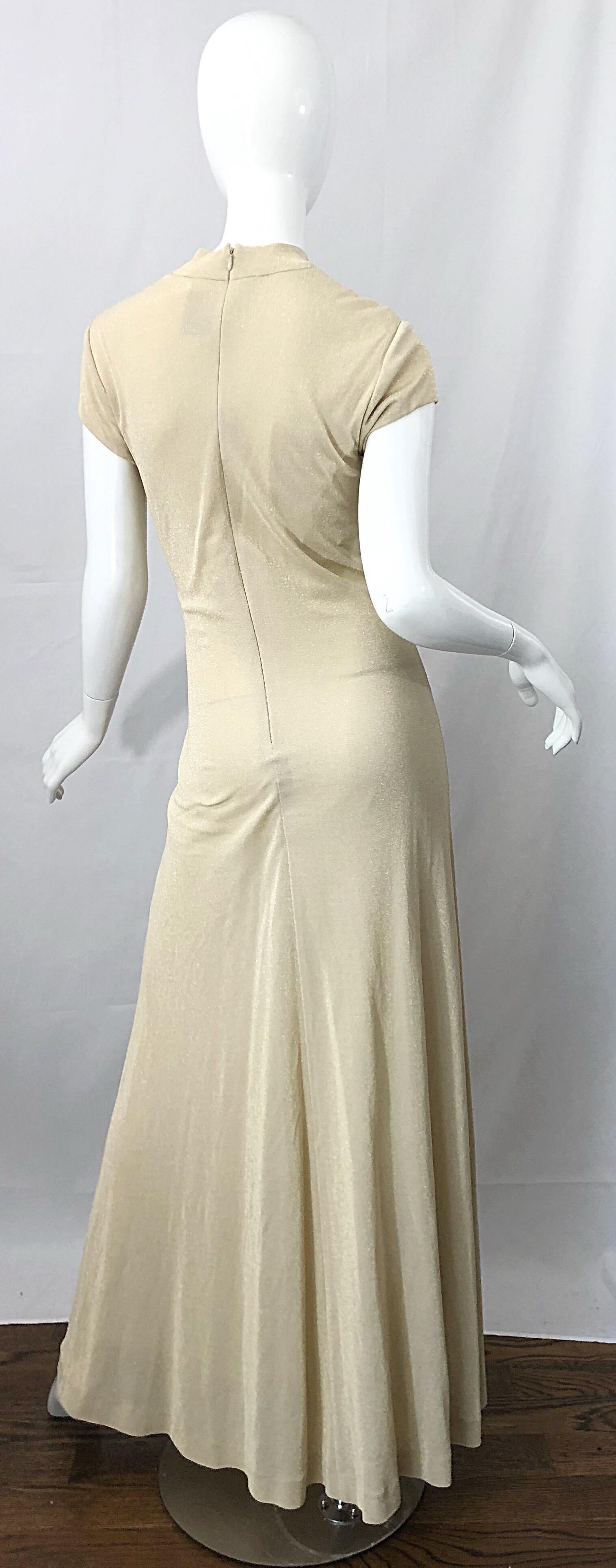 Women's 1990s Huey Waltzer Light Gold Metallic High Neck Short Sleeve 90s Jersey Gown For Sale