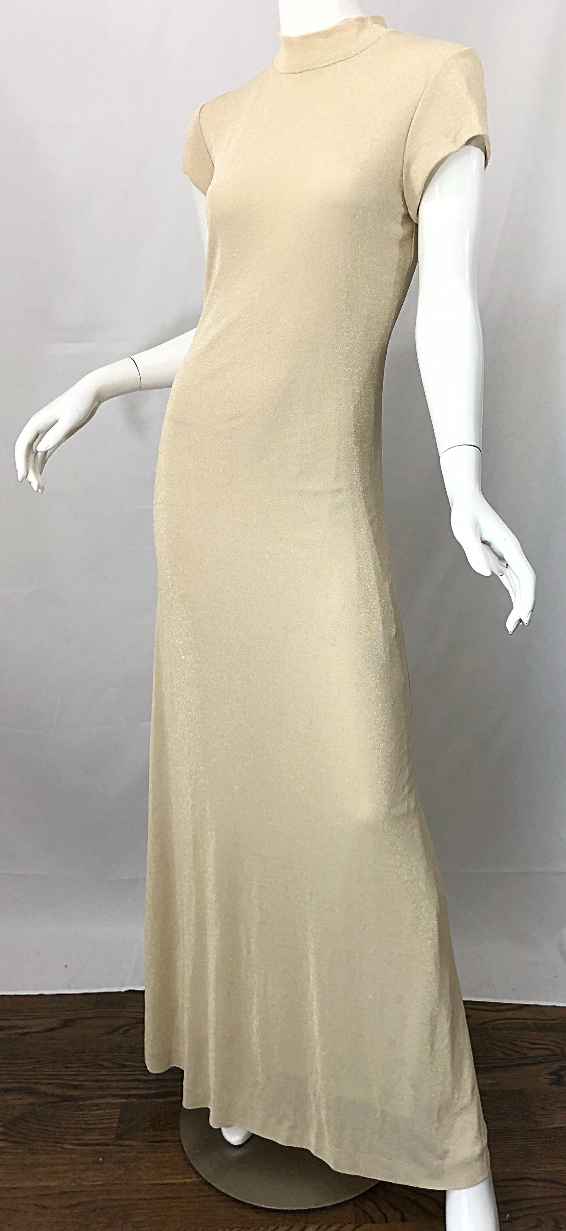 1990s Huey Waltzer Light Gold Metallic High Neck Short Sleeve 90s Jersey Gown For Sale 1