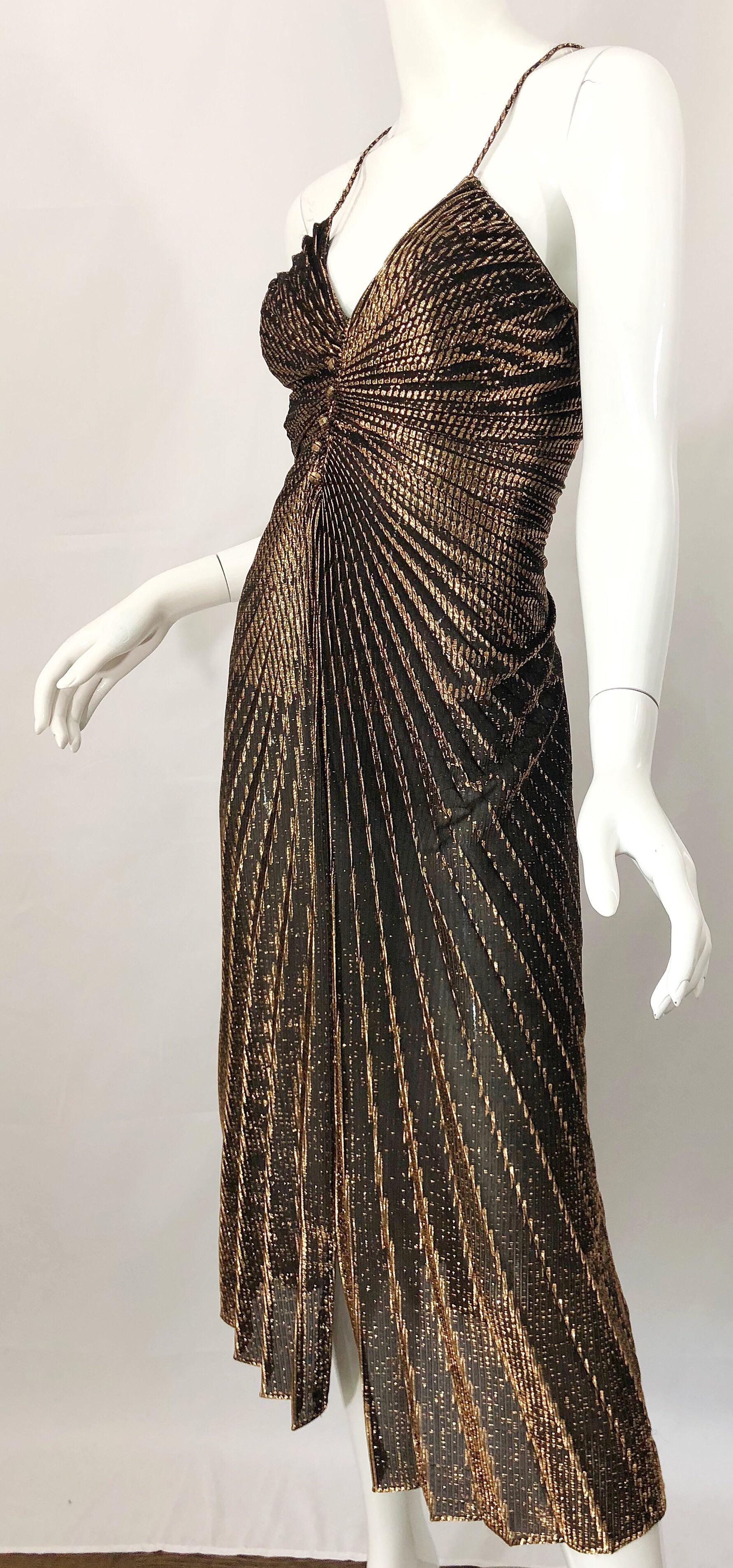 Black Amazing 1970s Gold Bronze Slinky Pleated Vintage 70s Disco Studio 54 Dress