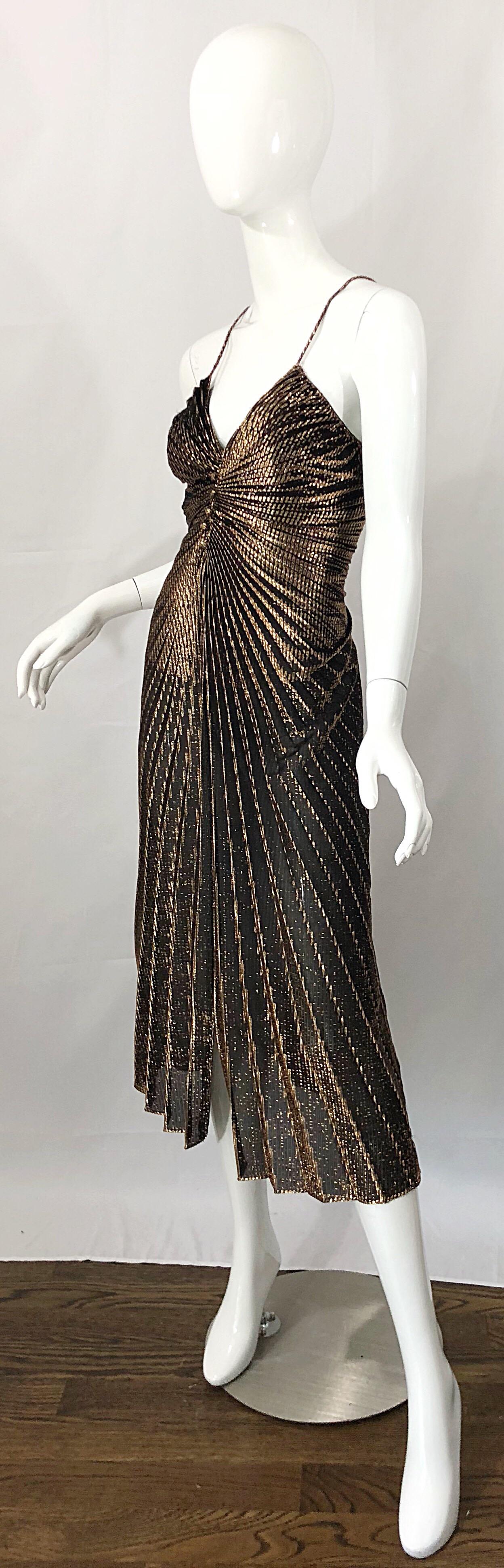 Amazing 1970s Gold Bronze Slinky Pleated Vintage 70s Disco Studio 54 Dress 1