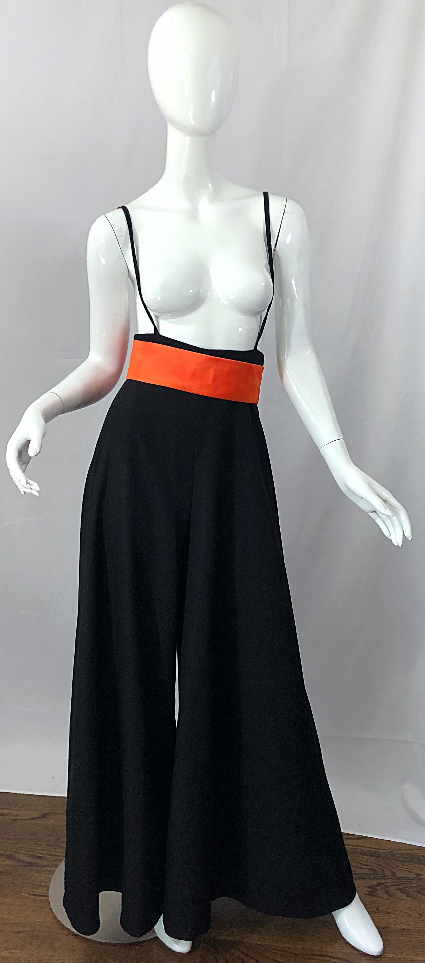 1970s Lilli Diamond Black + Orange High Waist Suspender Wide Leg Palazzo Pants In Excellent Condition For Sale In San Diego, CA