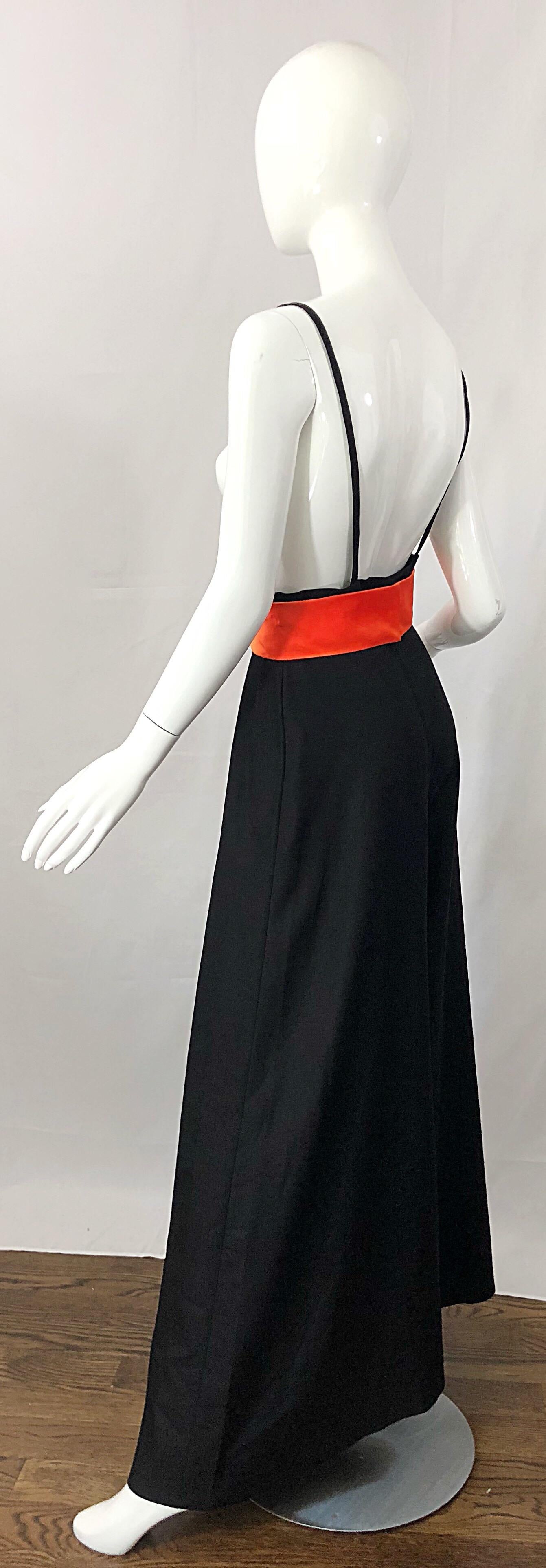 1970s Lilli Diamond Black + Orange High Waist Suspender Wide Leg Palazzo Pants For Sale 1