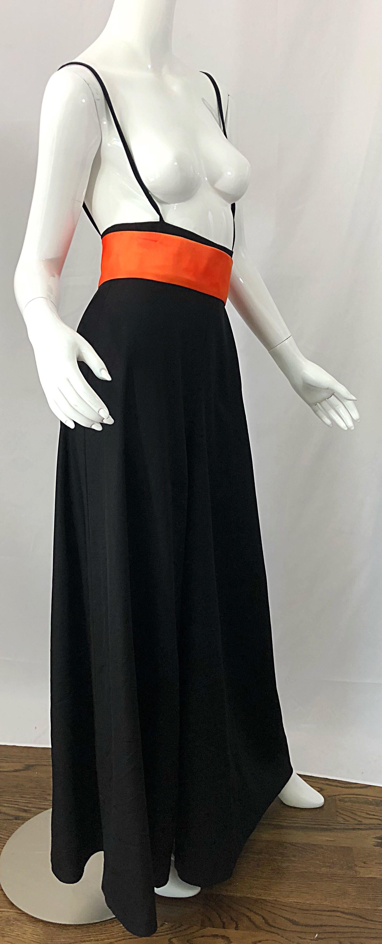 1970s Lilli Diamond Black + Orange High Waist Suspender Wide Leg Palazzo Pants For Sale 2