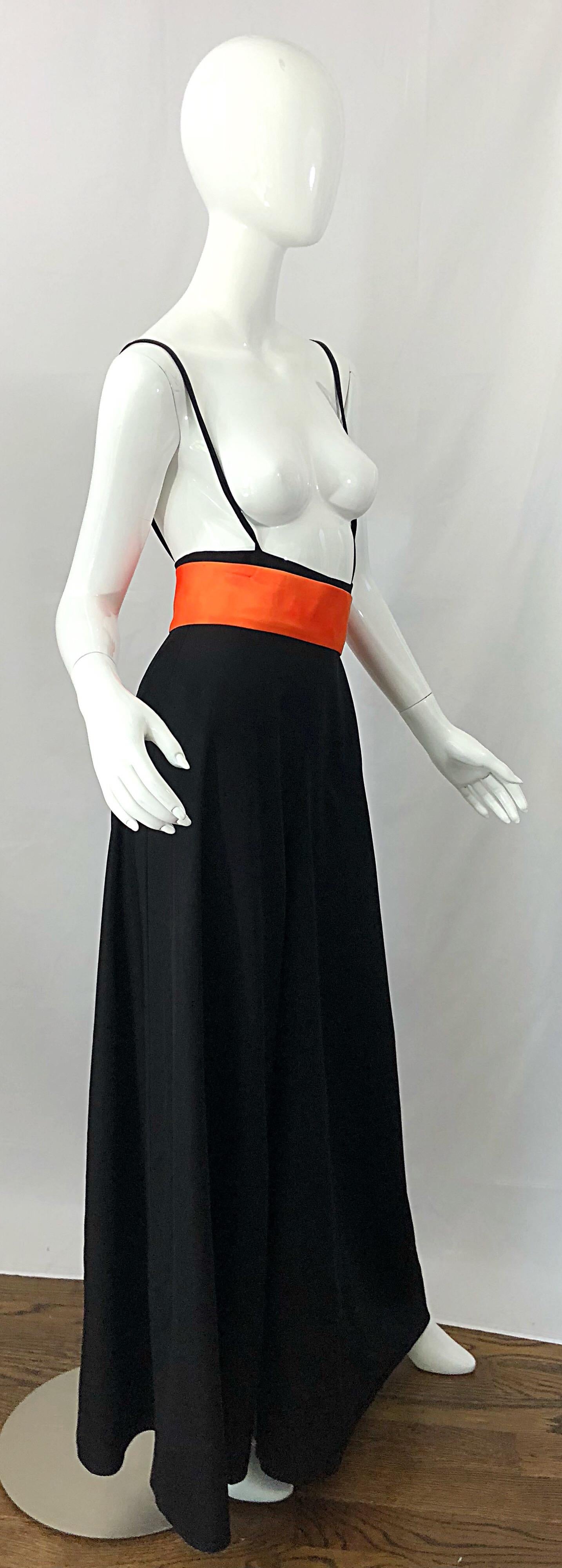 1970s Lilli Diamond Black + Orange High Waist Suspender Wide Leg Palazzo Pants For Sale 4