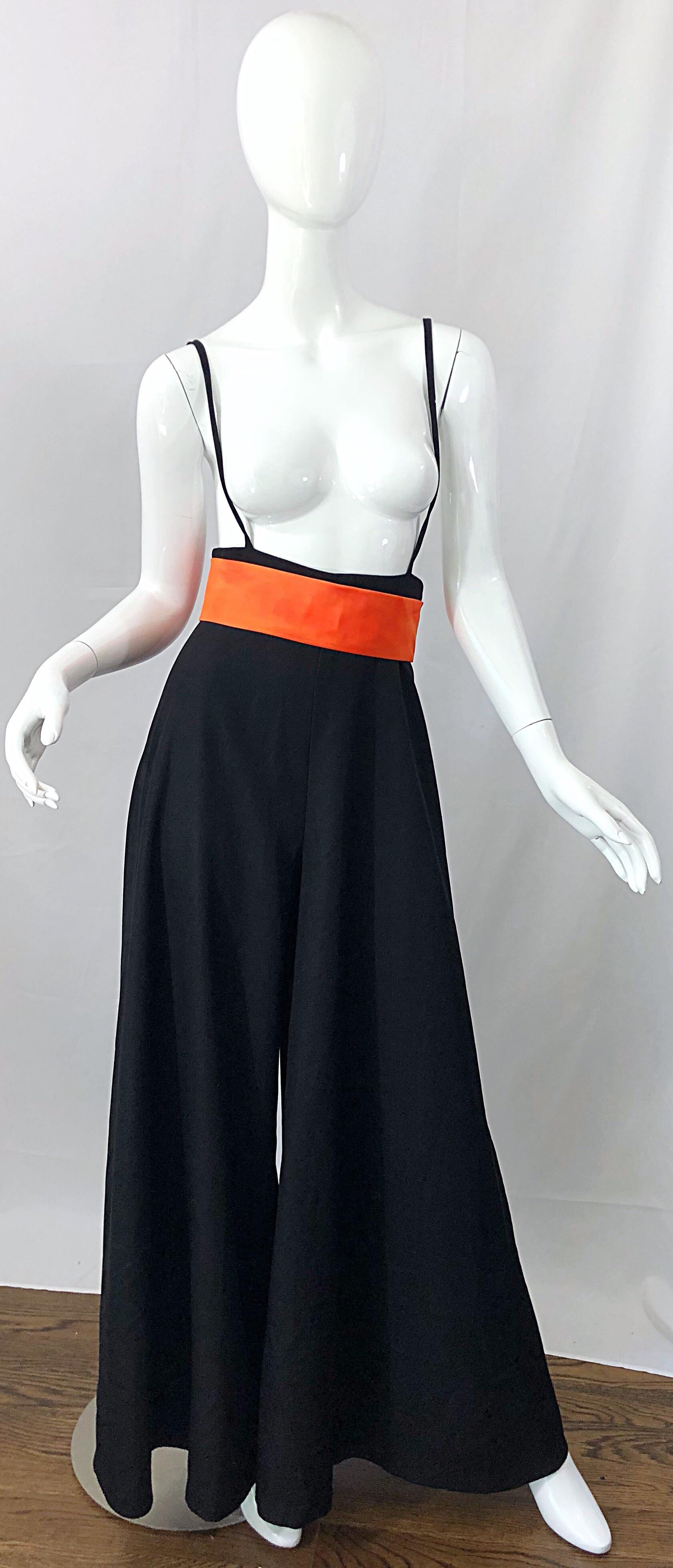 1970s Lilli Diamond Black + Orange High Waist Suspender Wide Leg Palazzo Pants For Sale 3