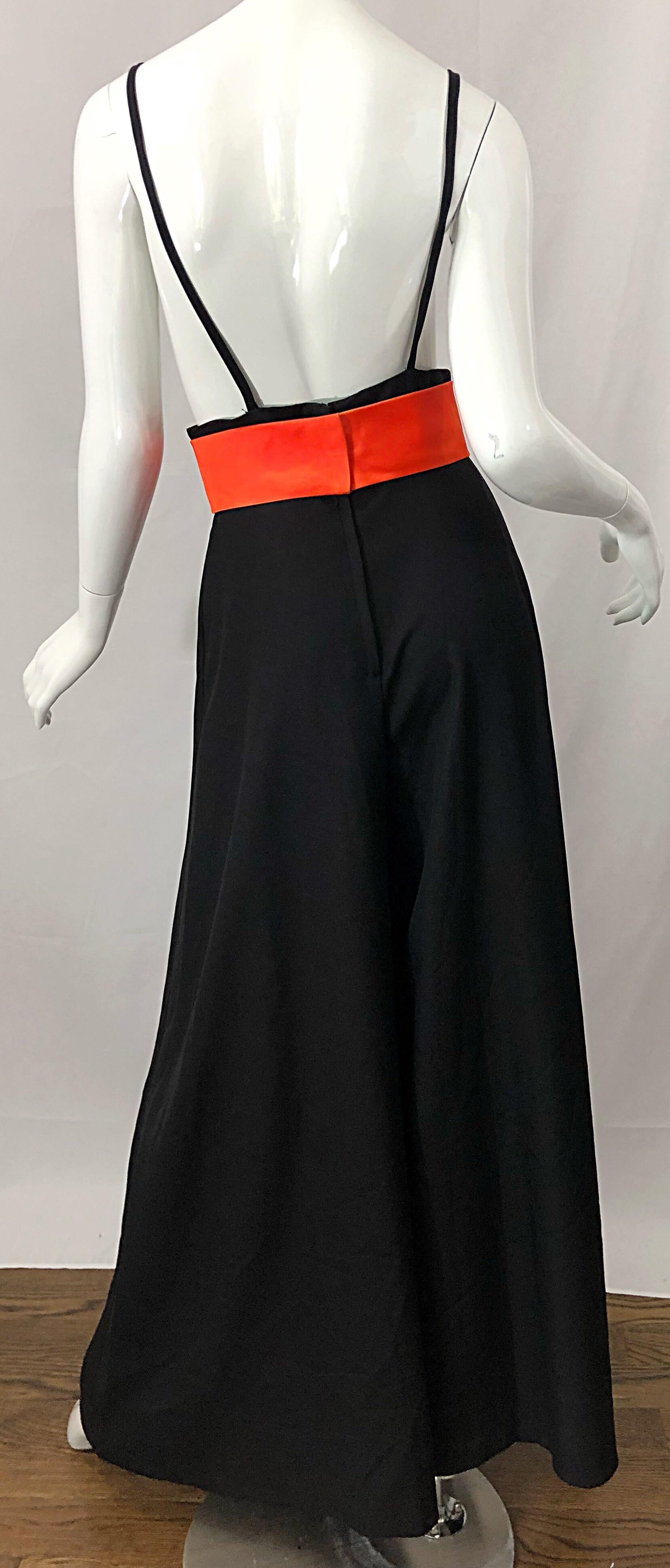 1970s Lilli Diamond Black + Orange High Waist Suspender Wide Leg Palazzo Pants For Sale 5