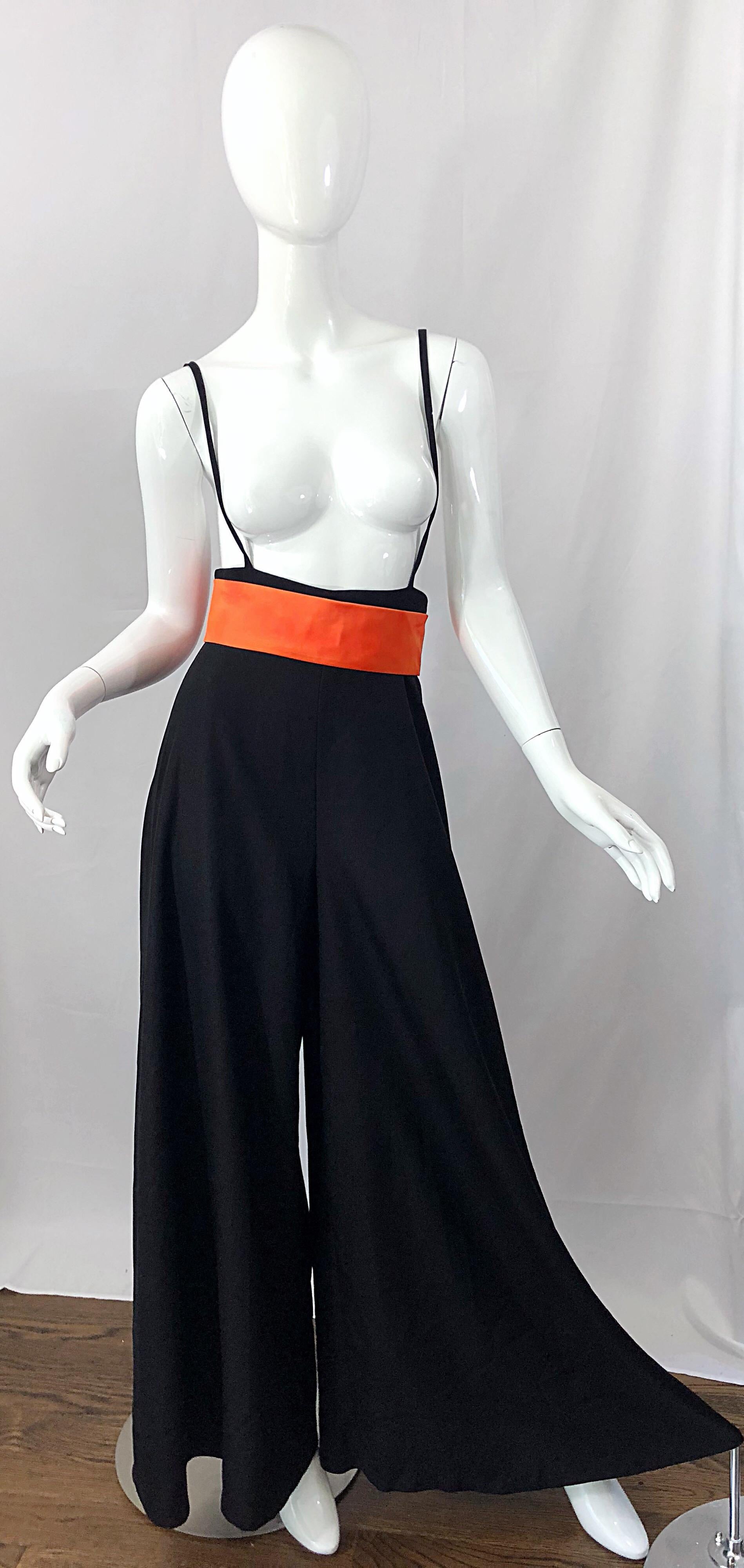 1970s Lilli Diamond Black + Orange High Waist Suspender Wide Leg Palazzo Pants For Sale 6