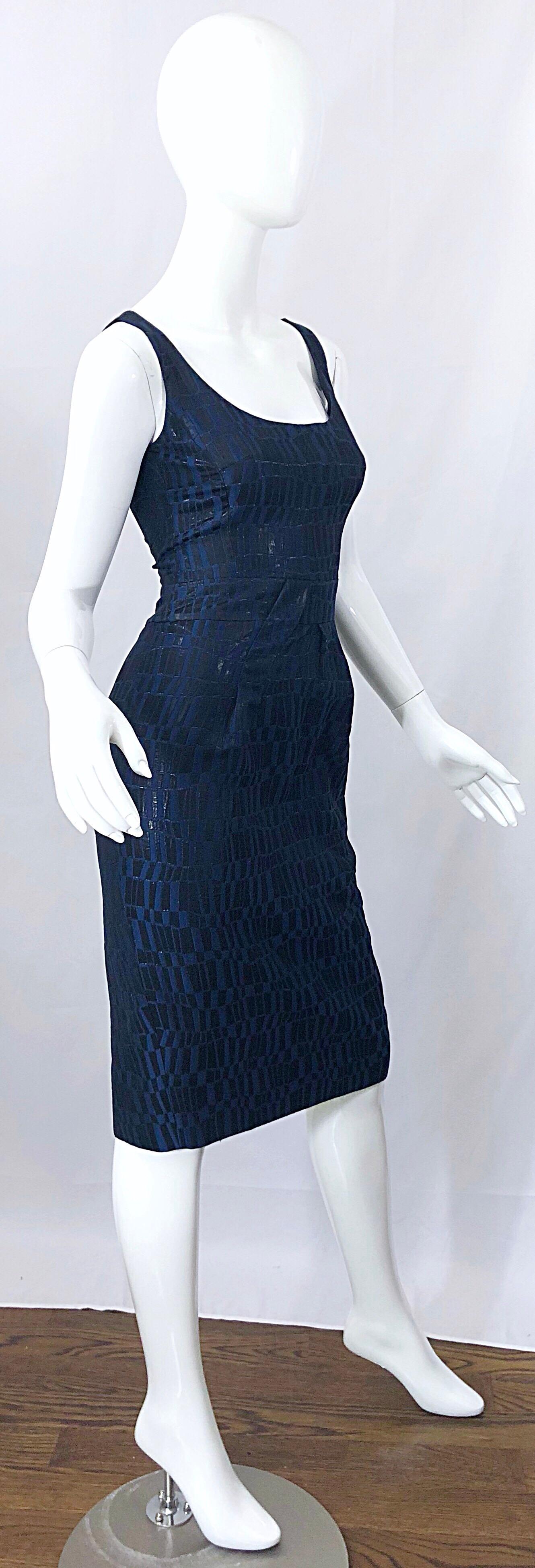 Michael Kors Collection Size 2 Navy Blue Black Metallic Sleeveless Sheath Dress In Excellent Condition In San Diego, CA