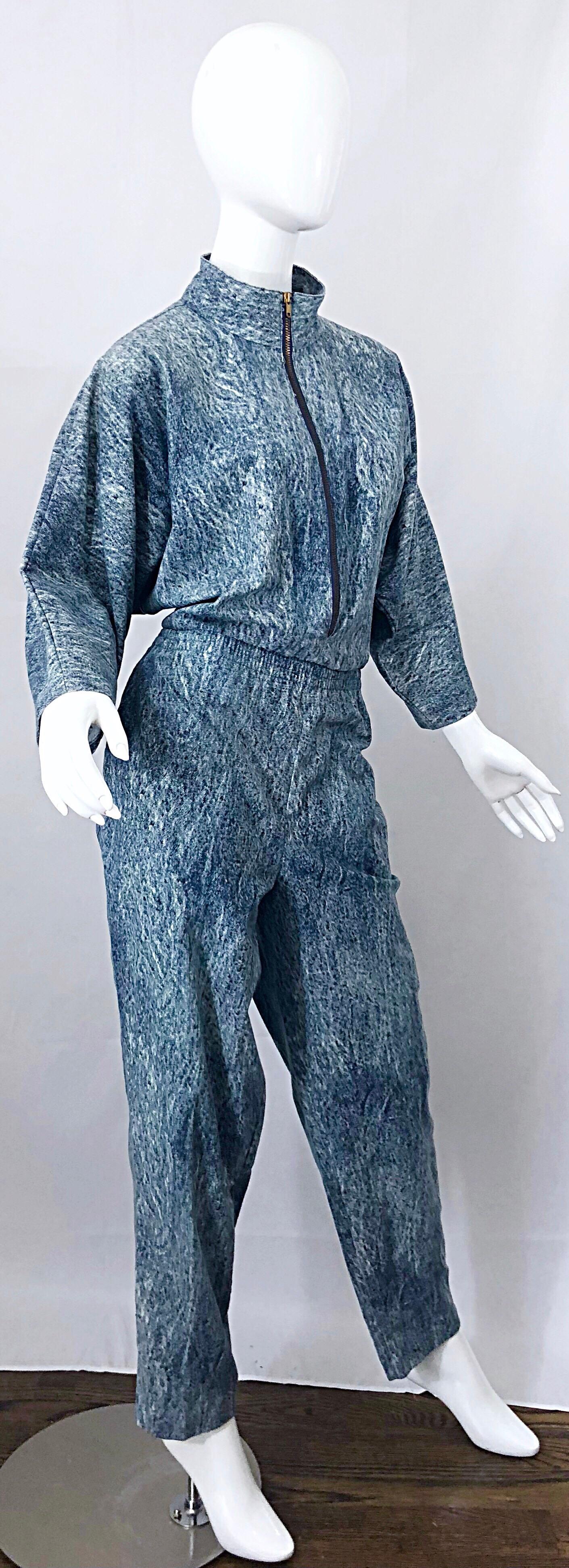 Gray Avant Garde 1980s Acid Wash Lightweight Denim Blue Jean Vintage 80s Jumpsuit