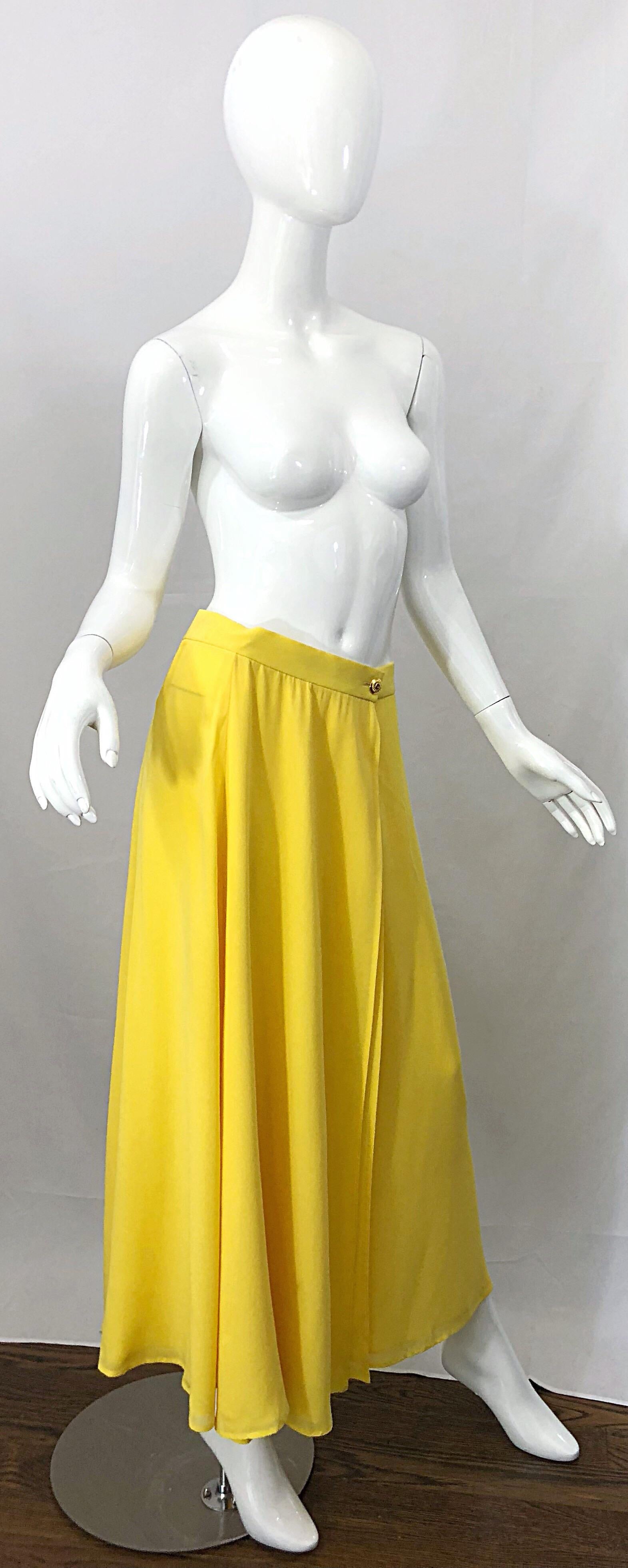 1990s Escada Margaretha Ley Sz 40 Canary Yellow Silk Chiffon Vintage Maxi Skirt 3
