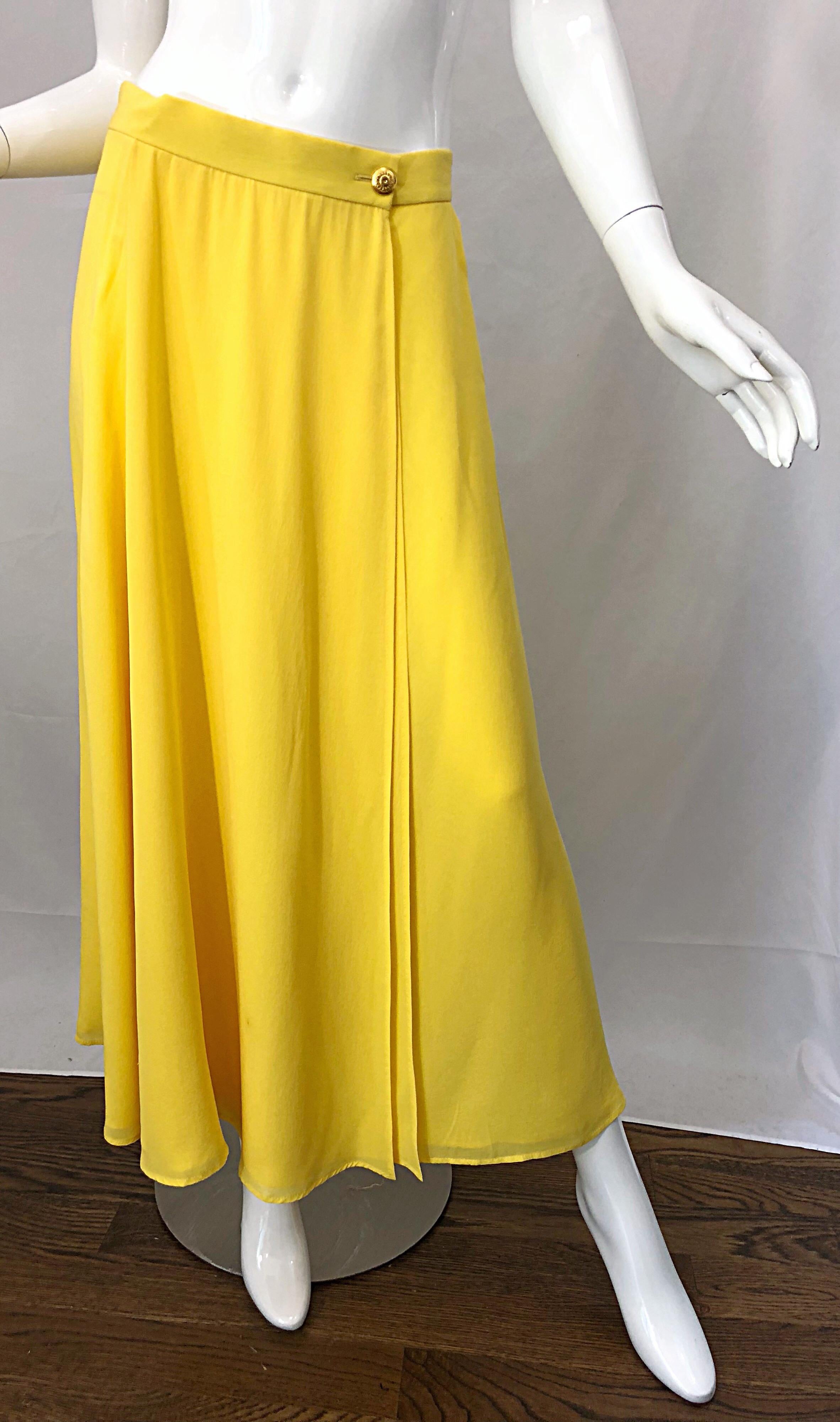 1990s Escada Margaretha Ley Sz 40 Canary Yellow Silk Chiffon Vintage Maxi Skirt 4