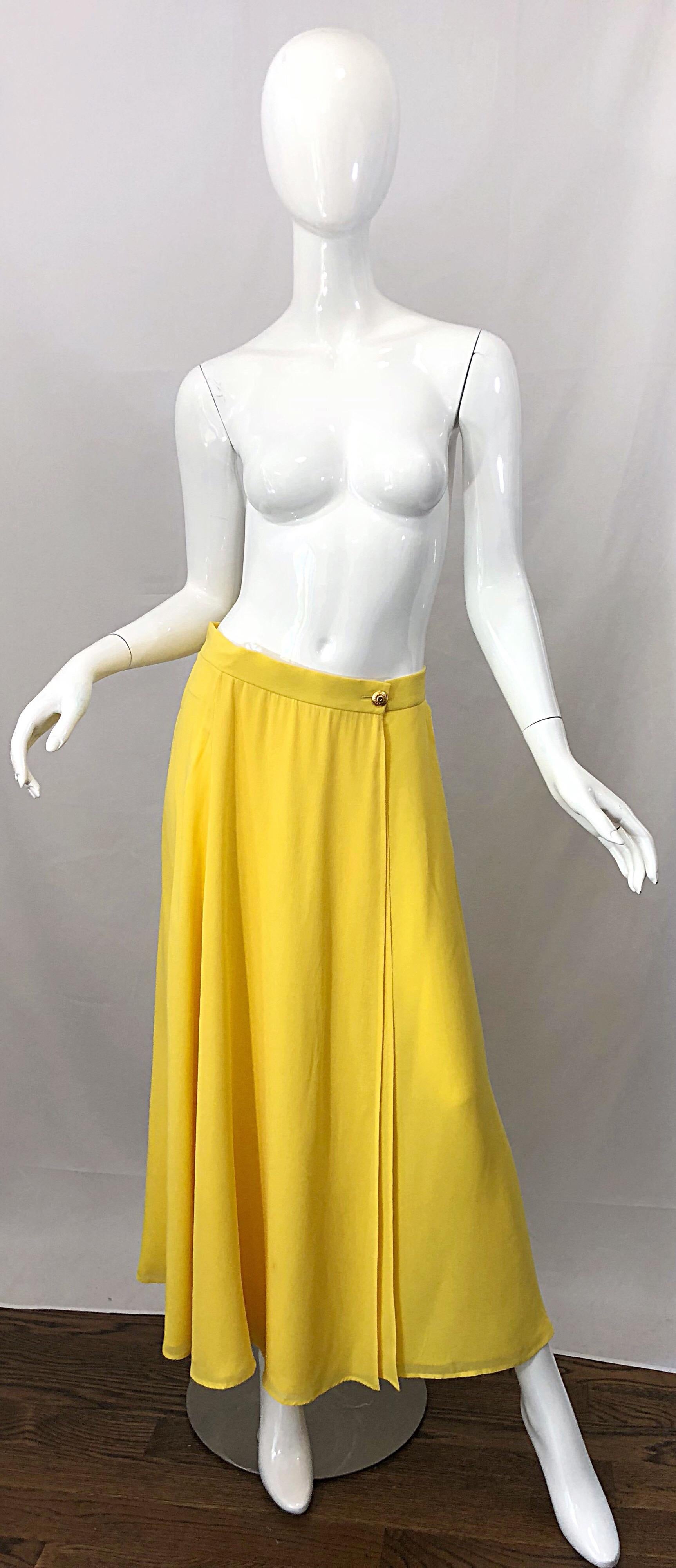 1990s Escada Margaretha Ley Sz 40 Canary Yellow Silk Chiffon Vintage Maxi Skirt 4