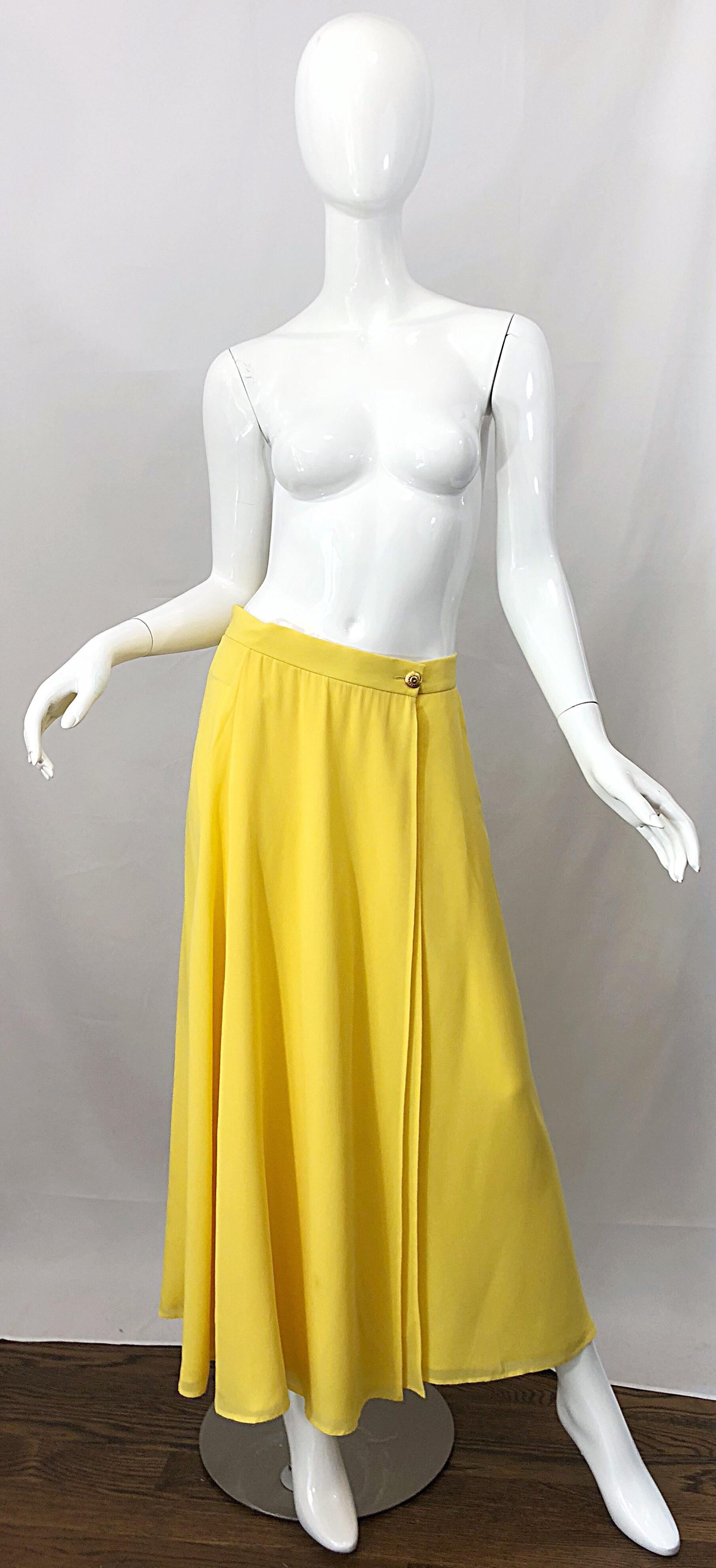 1990s Escada Margaretha Ley Sz 40 Canary Yellow Silk Chiffon Vintage Maxi Skirt 8