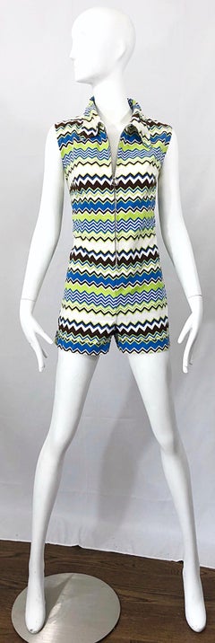 Chic 1970s Missoni Style Zig Zag Sleeveless Vintage 70s Cotton One Piece Romper