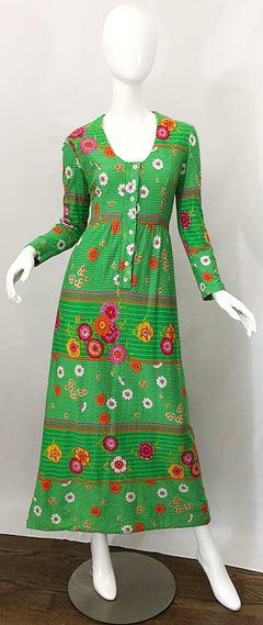 1970s Rodrigues Lime Green Stripes + Flowers Long Sleeve Vintage 70s maxi Dress