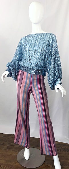 Fabulous 1970s High Waisted Pink + Blue Striped Vintage 70s Bell Bottoms Pants