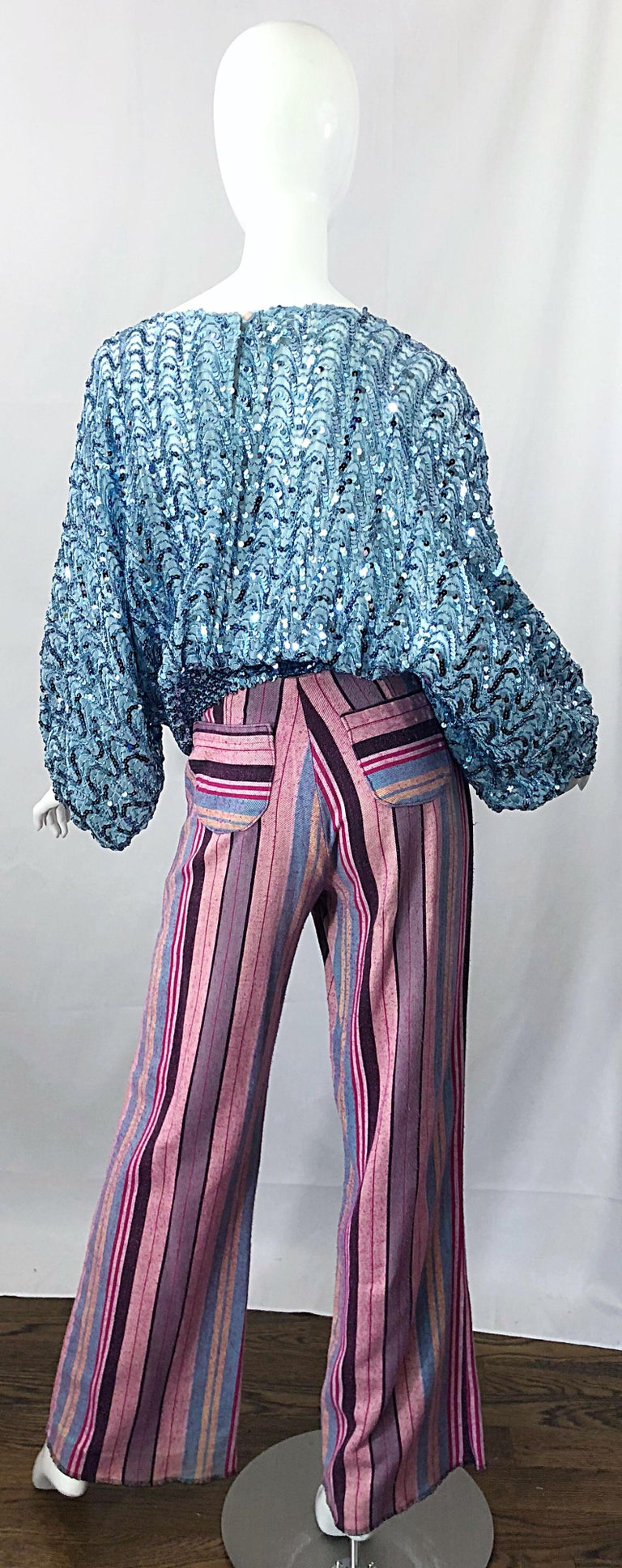 Gray Fabulous 1970s High Waisted Pink + Blue Striped Vintage 70s Bell Bottoms Pants For Sale