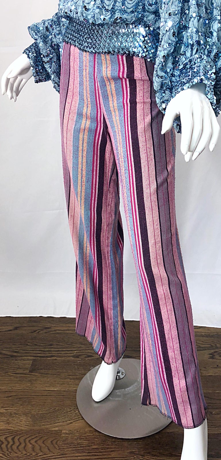 Women's or Men's Fabulous 1970s High Waisted Pink + Blue Striped Vintage 70s Bell Bottoms Pants For Sale