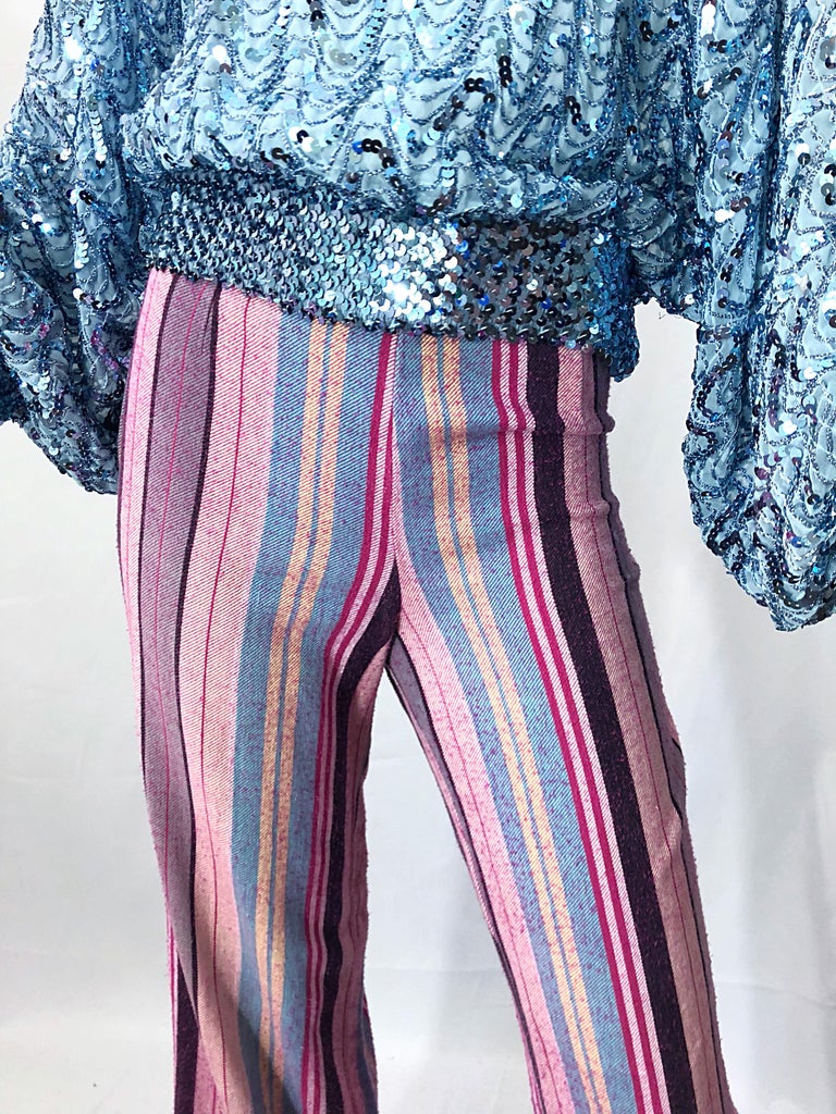 Fabulous 1970s High Waisted Pink + Blue Striped Vintage 70s Bell Bottoms Pants For Sale 1