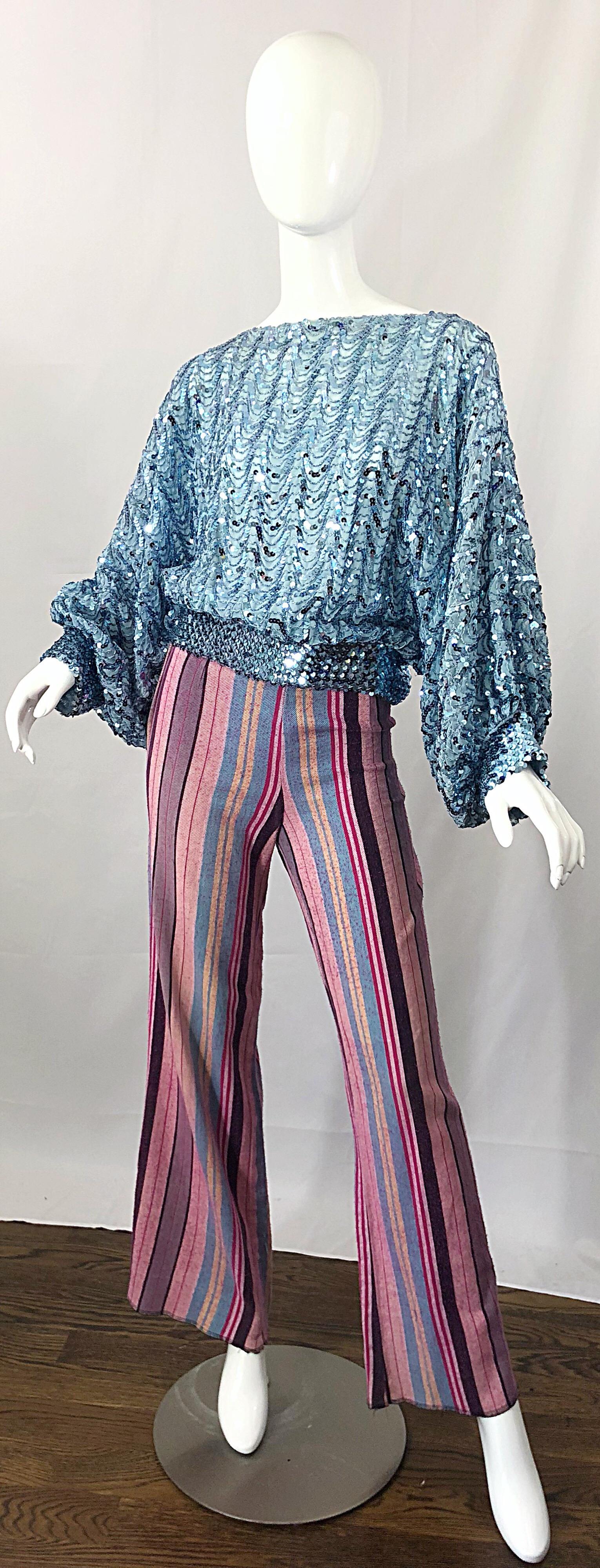 Fabulous 1970s High Waisted Pink + Blue Striped Vintage 70s Bell Bottoms Pants In Good Condition For Sale In San Diego, CA