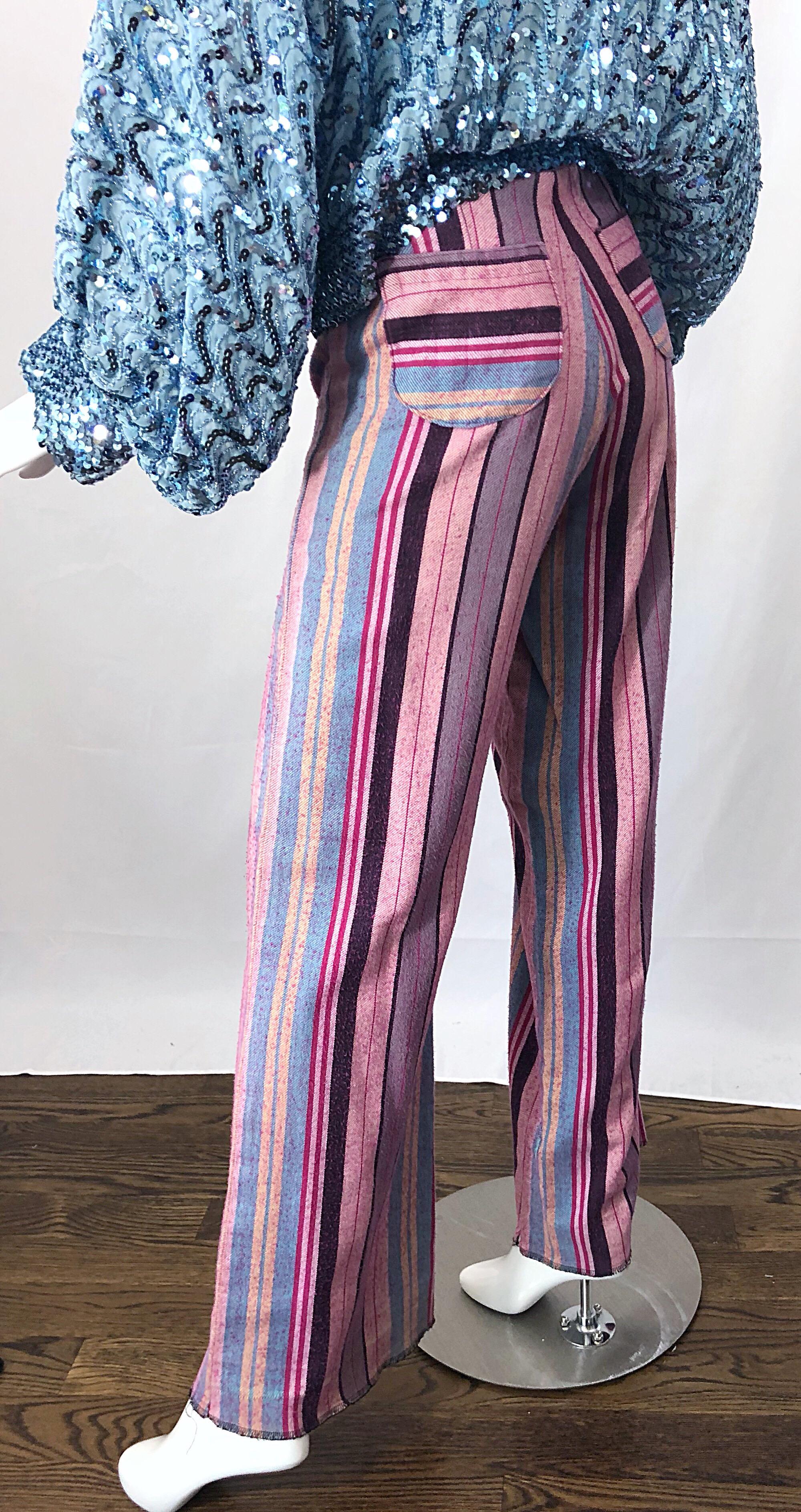 Fabulous 1970s High Waisted Pink + Blue Striped Vintage 70s Bell Bottoms Pants For Sale 1