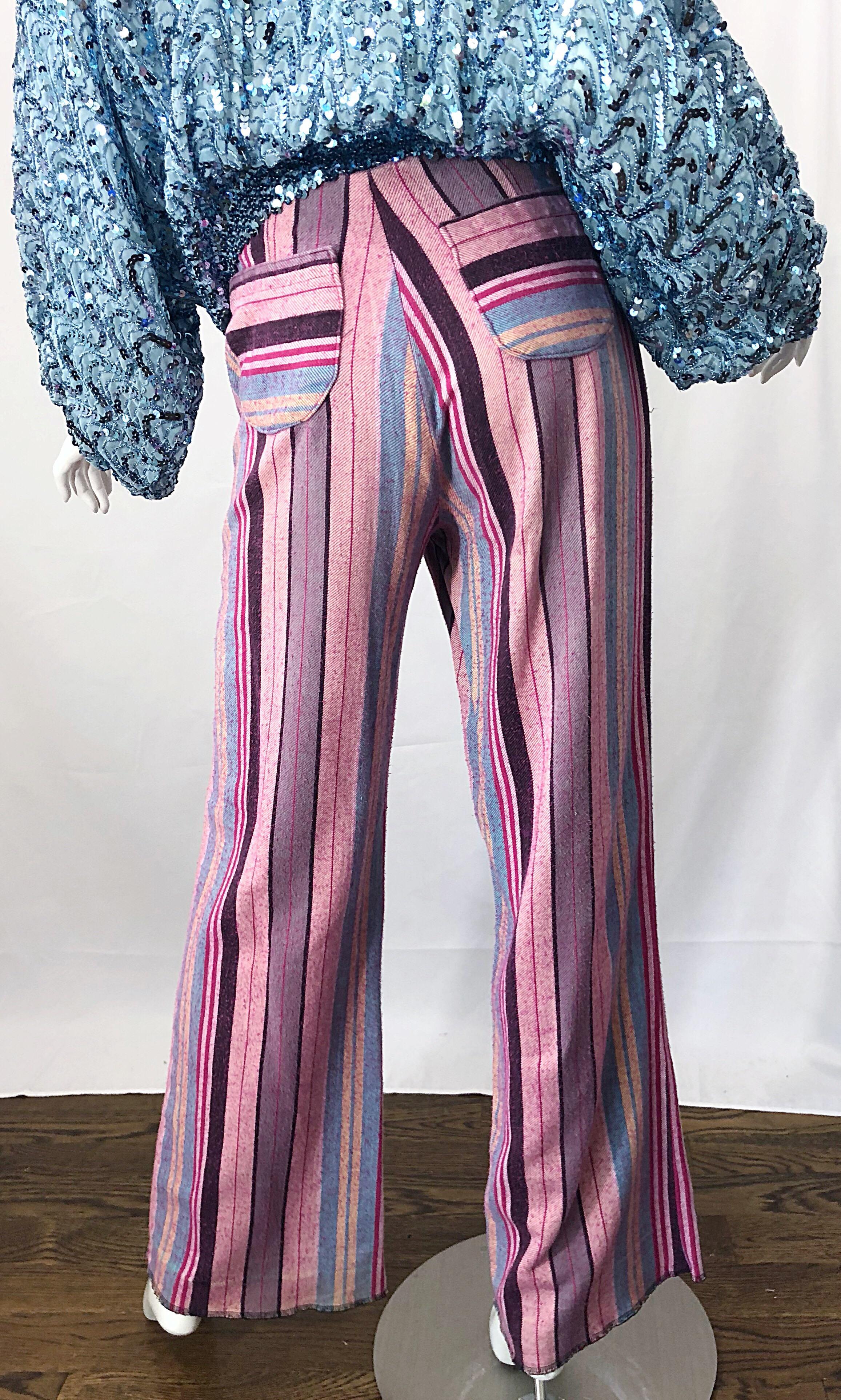 Fabulous 1970s High Waisted Pink + Blue Striped Vintage 70s Bell Bottoms Pants For Sale 2