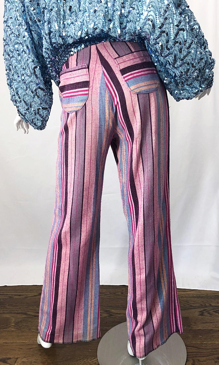 Fabulous 1970s High Waisted Pink + Blue Striped Vintage 70s Bell Bottoms Pants For Sale 5