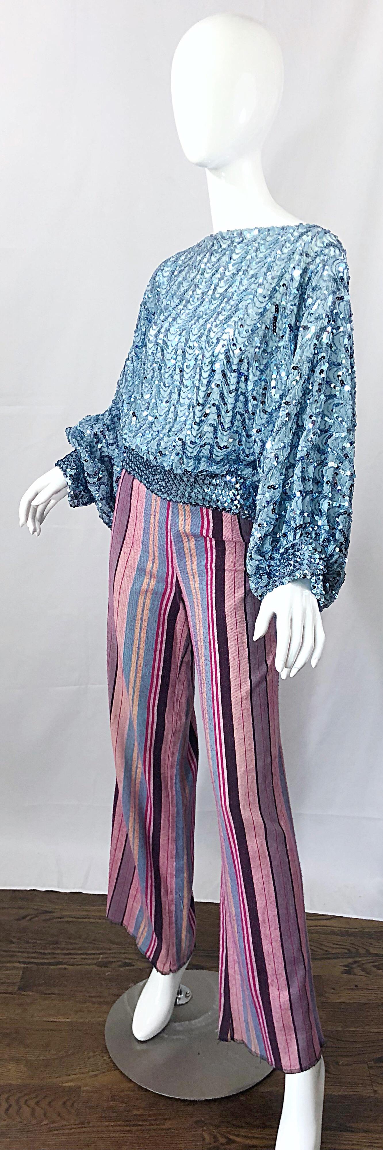 Fabulous 1970s High Waisted Pink + Blue Striped Vintage 70s Bell Bottoms Pants For Sale 3