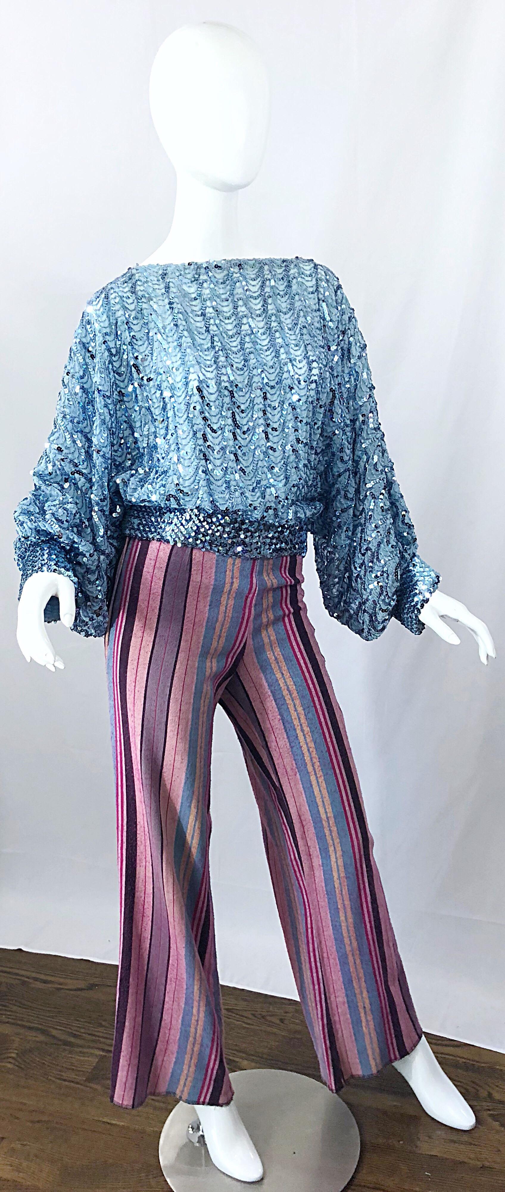 Fabulous 1970s High Waisted Pink + Blue Striped Vintage 70s Bell Bottoms Pants For Sale 4